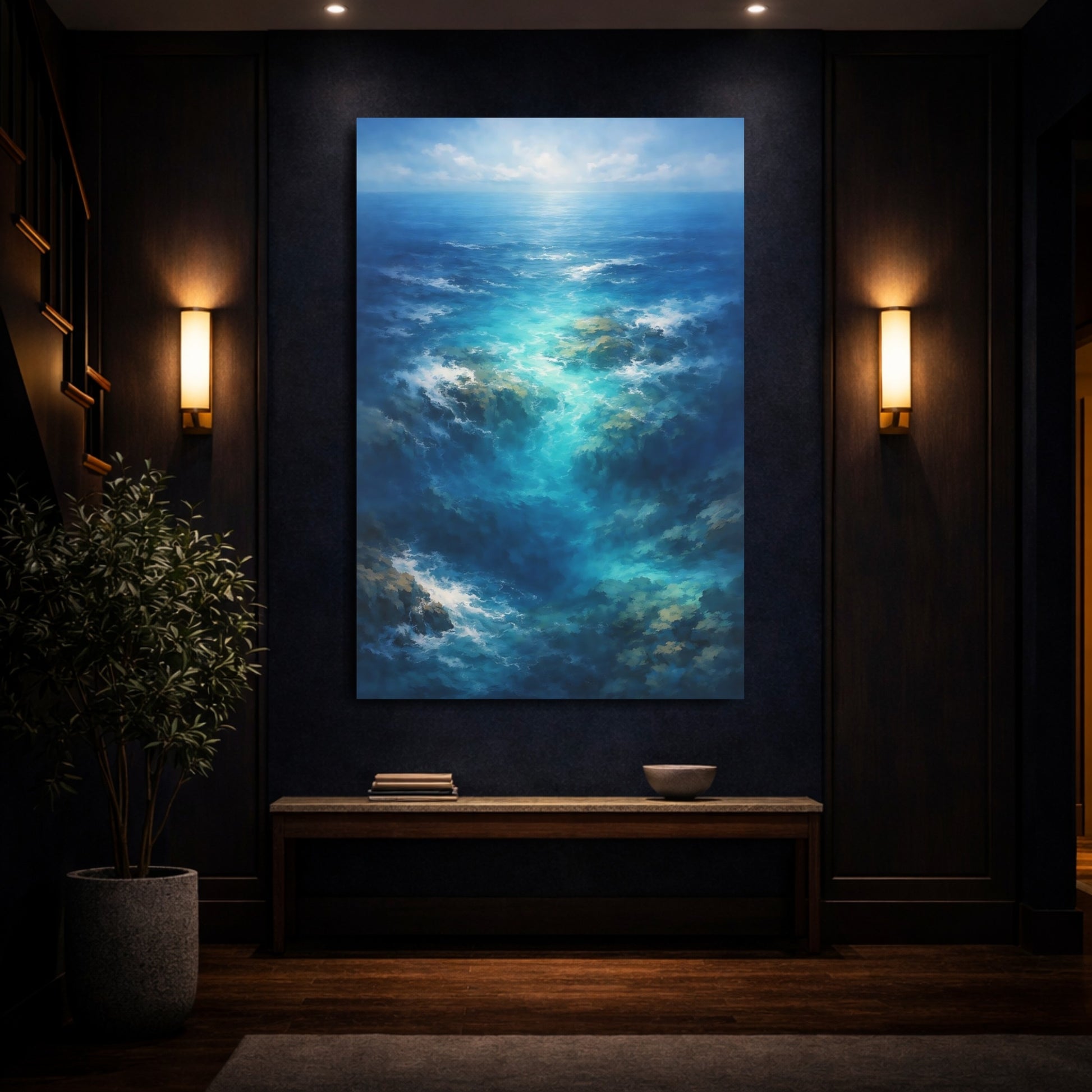 Nature Ocean Current Blue Ocean shown as front canvas room wall art