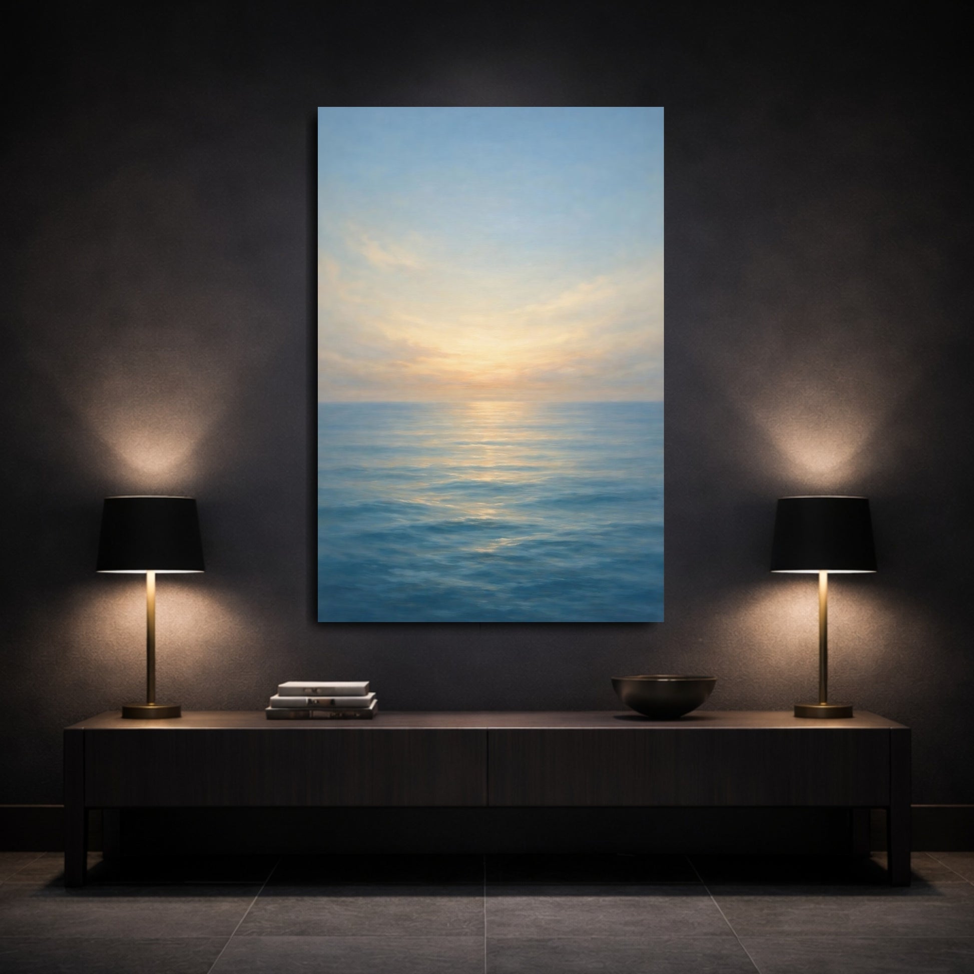 Mockup 2. Nature Ocean Horizon Blue And Gold Seascape shown as stretched canvas wall art
