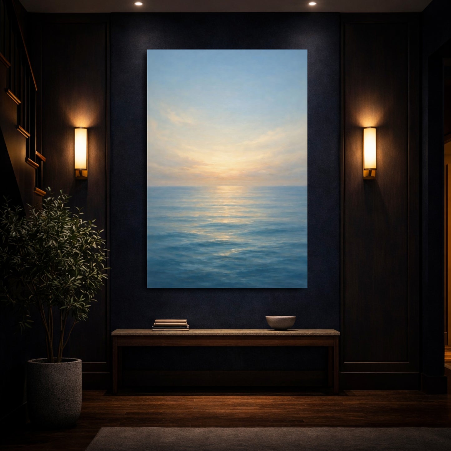 Mockup 3. Nature Ocean Horizon Blue And Gold Seascape shown as stretched canvas wall art