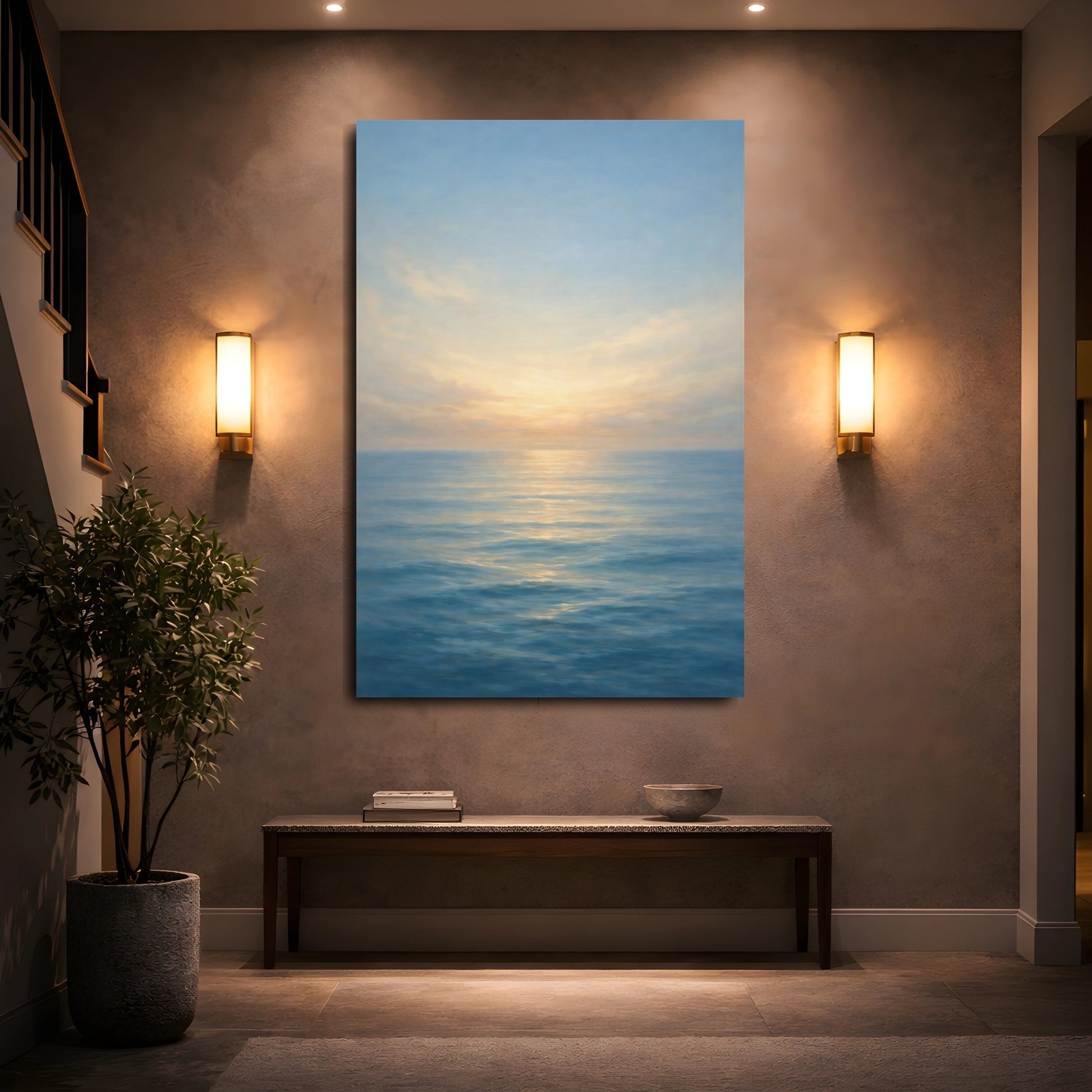 Mockup 4. Nature Ocean Horizon Blue And Gold Seascape shown as stretched canvas wall art