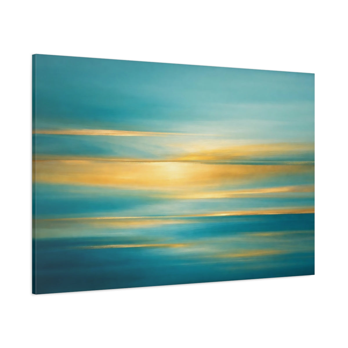 Main Mockup. Nature Ocean Horizon Teal And Gold shown as stretched canvas wall art