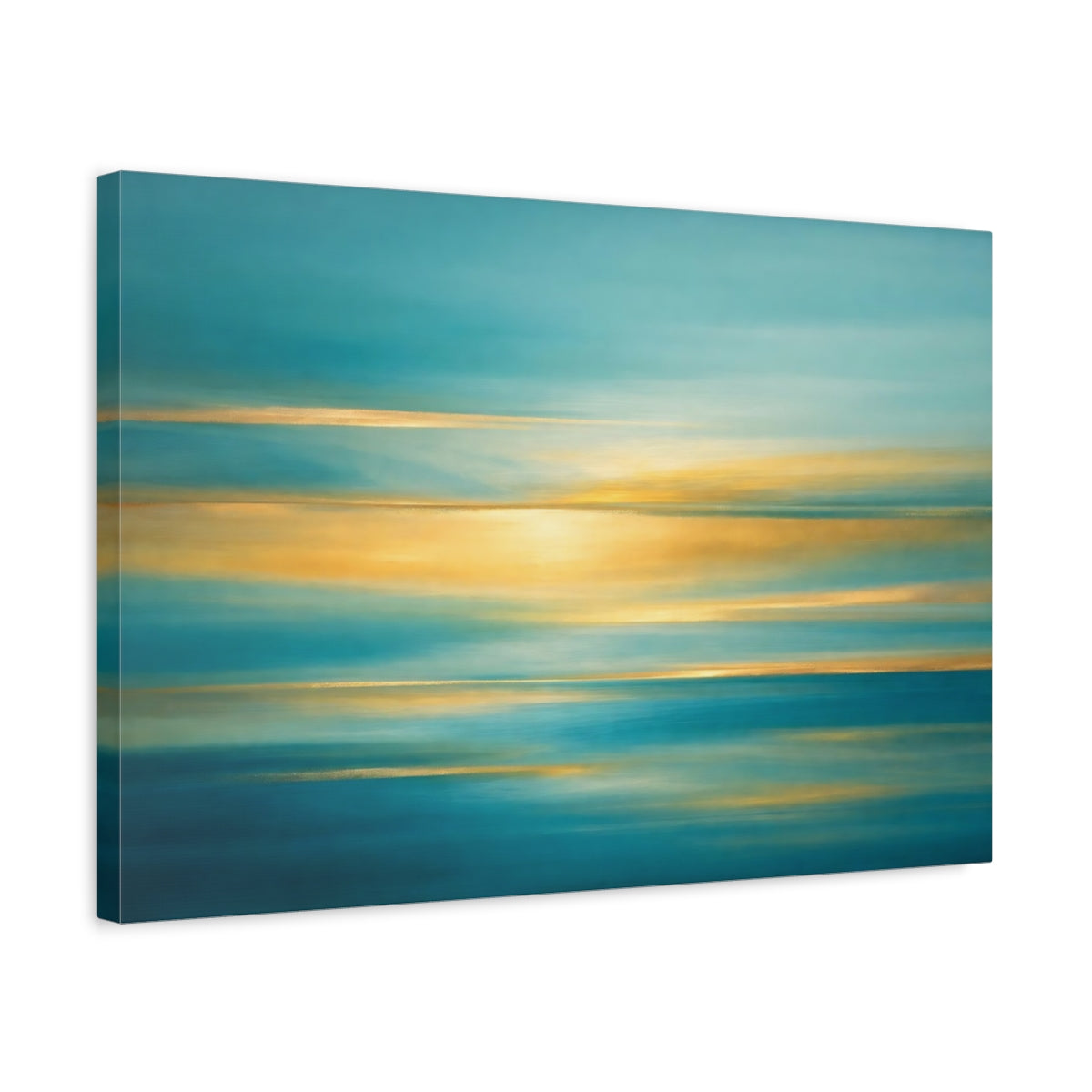 Side Mockup 3. Nature Ocean Horizon Teal And Gold shown as stretched canvas wall art