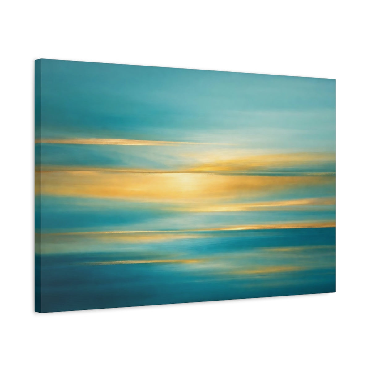 Side Mockup 2. Nature Ocean Horizon Teal And Gold shown as stretched canvas wall art