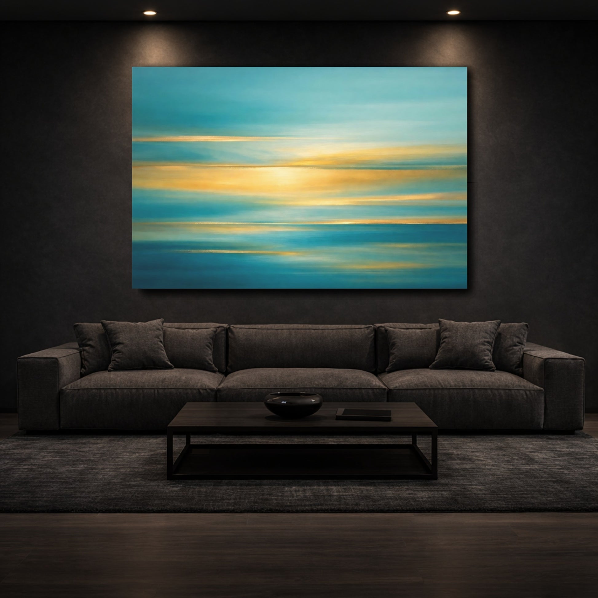 Mockup 2. Nature Ocean Horizon Teal And Gold shown as stretched canvas wall art