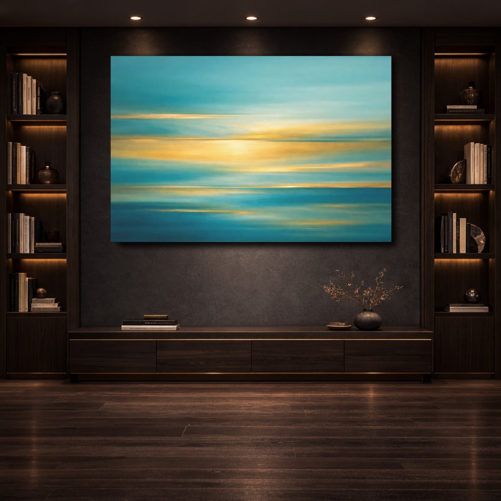 Mockup 3. Nature Ocean Horizon Teal And Gold shown as stretched canvas wall art