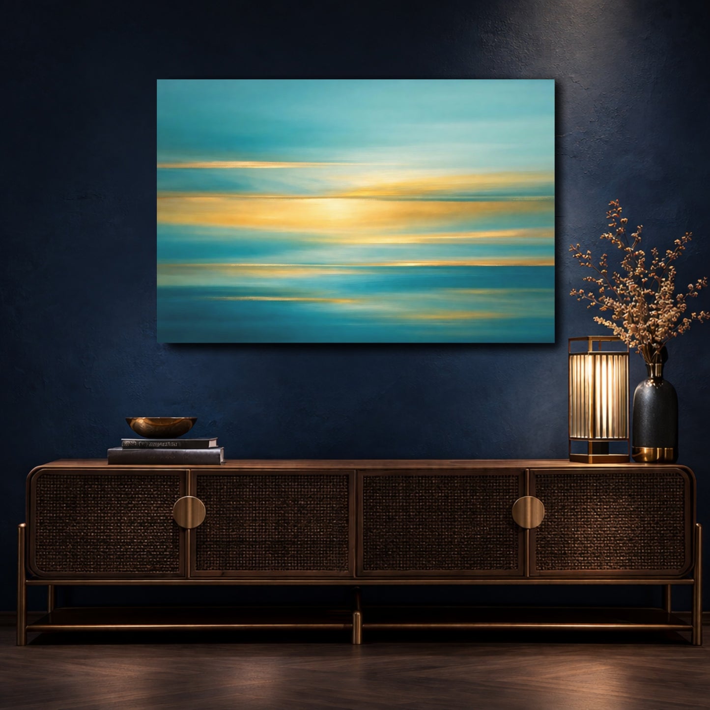 Mockup 4. Nature Ocean Horizon Teal And Gold shown as stretched canvas wall art