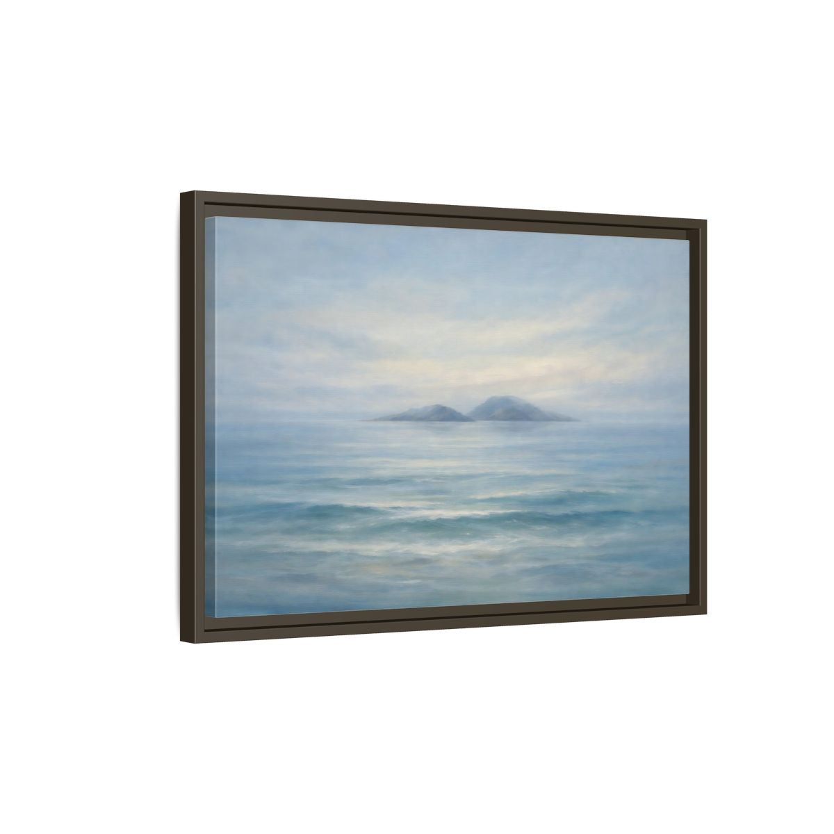 Side Mockup 2. Nature Ocean Islands Misty Ocean shown as stretched canvas wall art