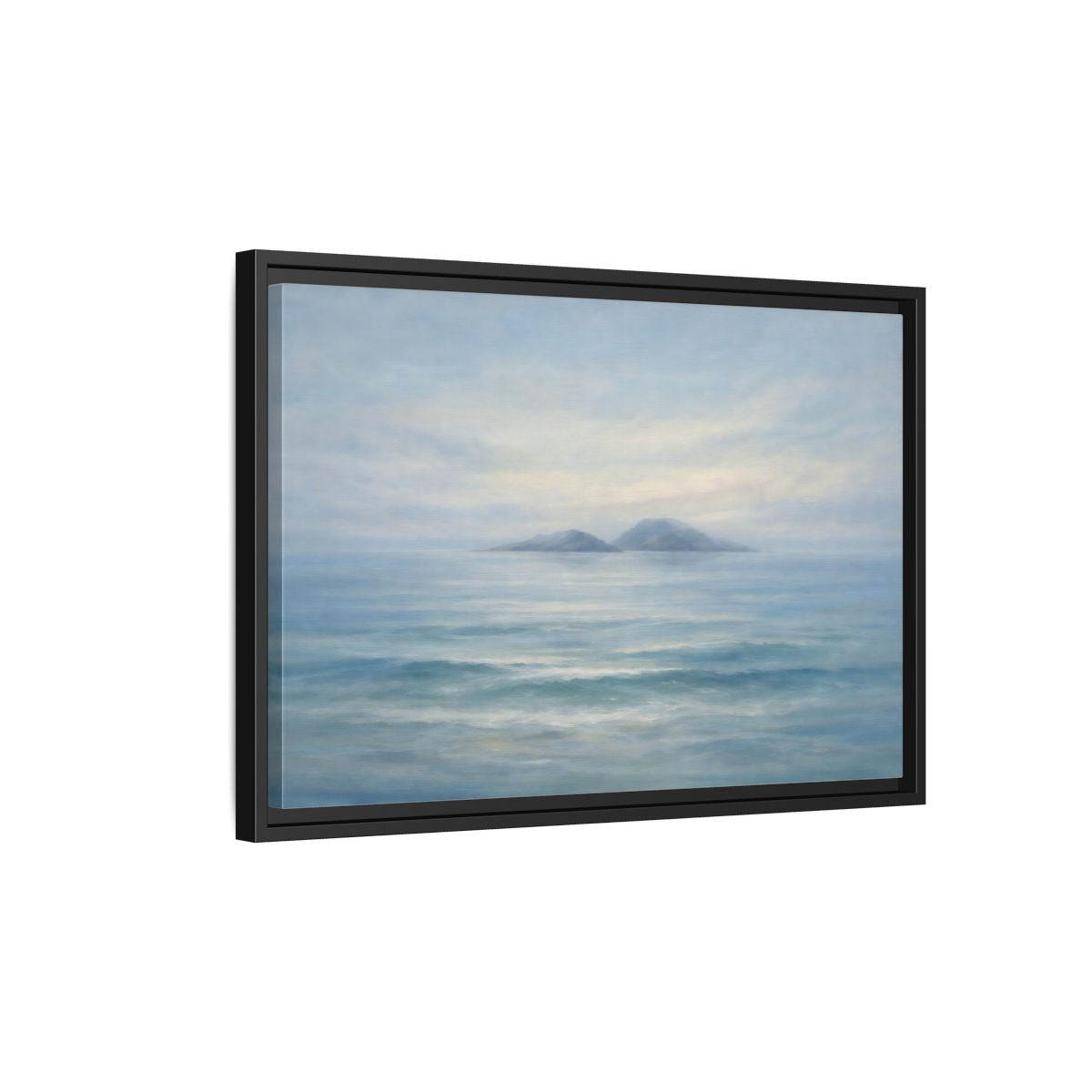 Side Mockup 3. Nature Ocean Islands Misty Ocean shown as stretched canvas wall art