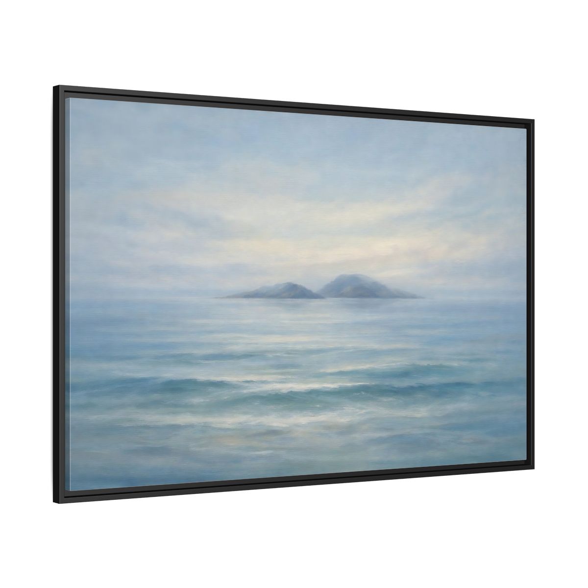 Side Mockup 12. Nature Ocean Islands Misty Ocean shown as stretched canvas wall art