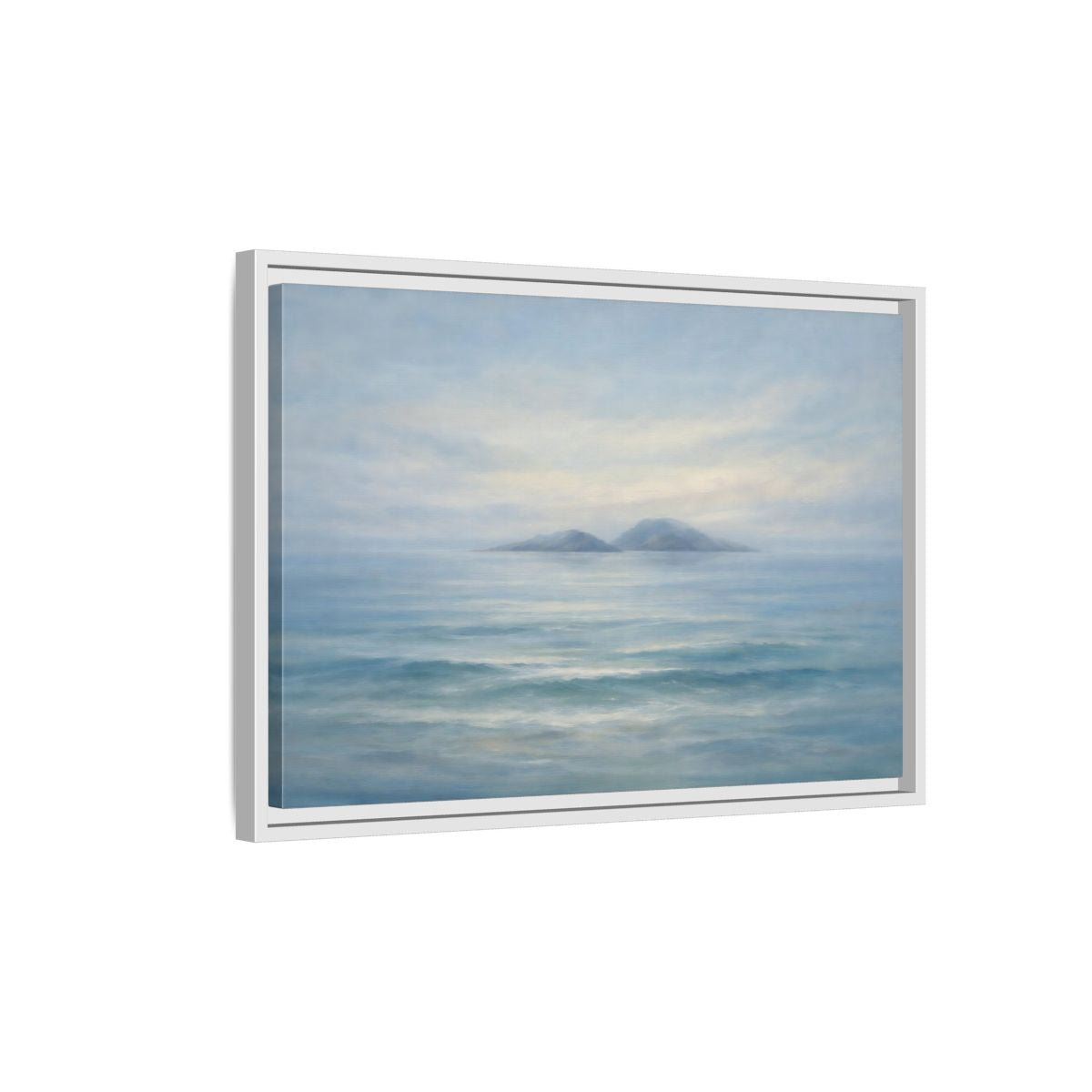 Side Mockup 1. Nature Ocean Islands Misty Ocean shown as stretched canvas wall art