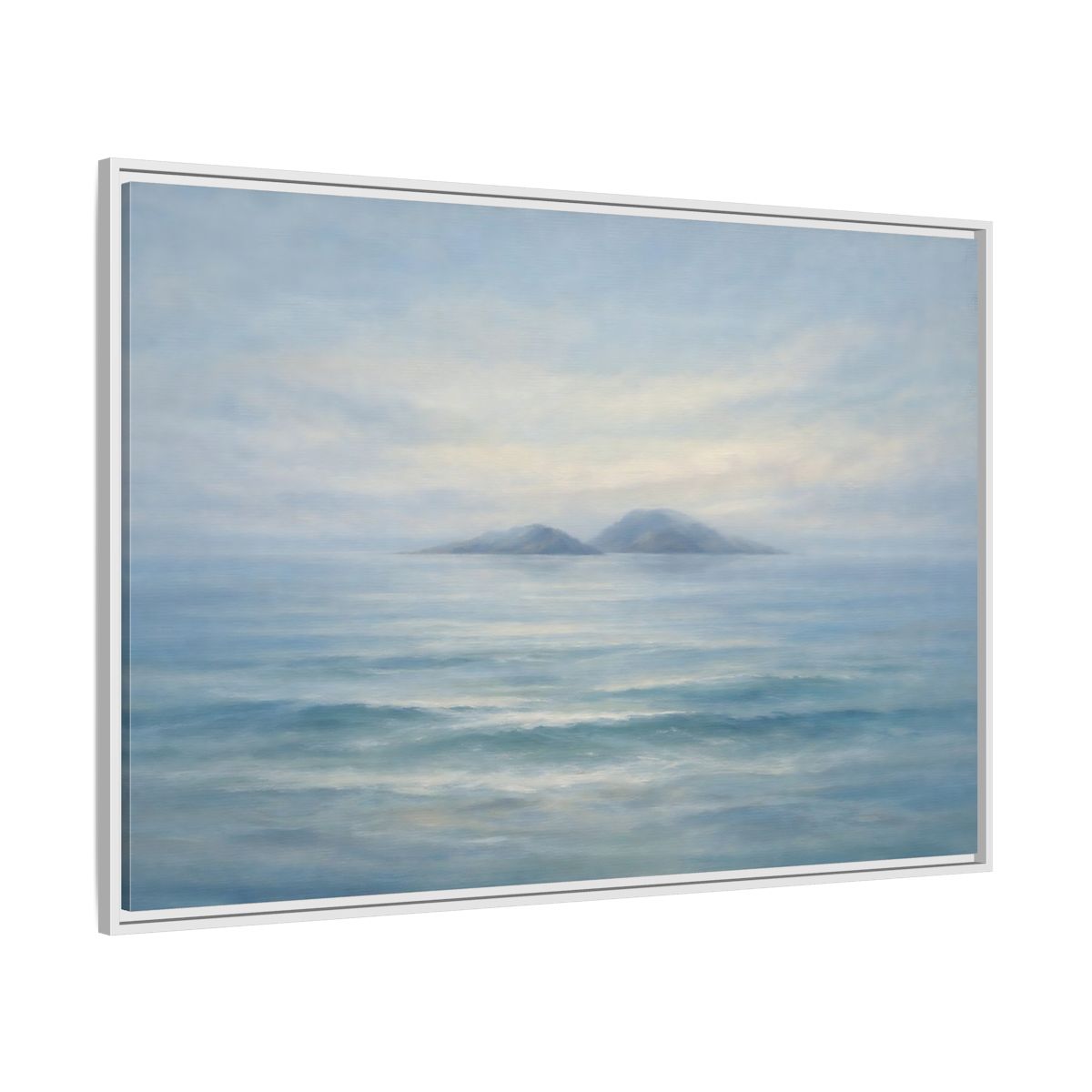 Side Mockup 7. Nature Ocean Islands Misty Ocean shown as stretched canvas wall art