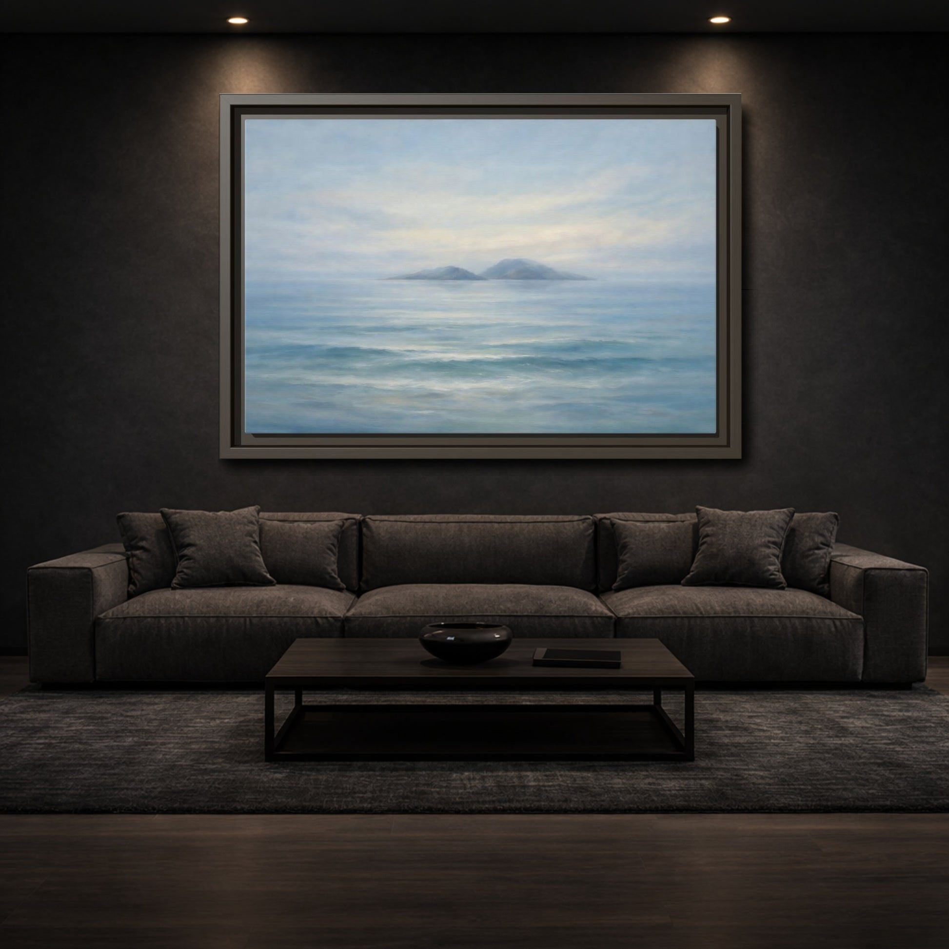 Mockup 2. Nature Ocean Islands Misty Ocean shown as stretched canvas wall art