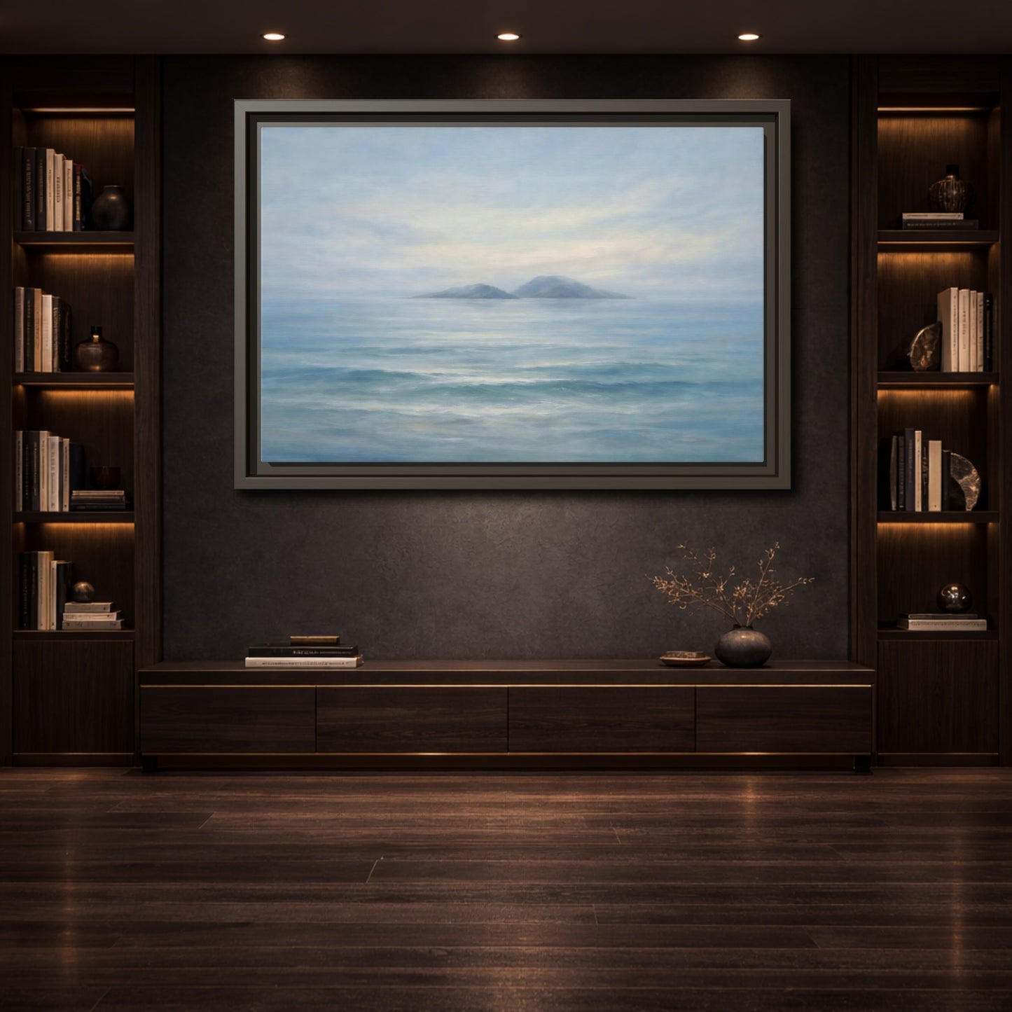 Mockup 3. Nature Ocean Islands Misty Ocean shown as stretched canvas wall art