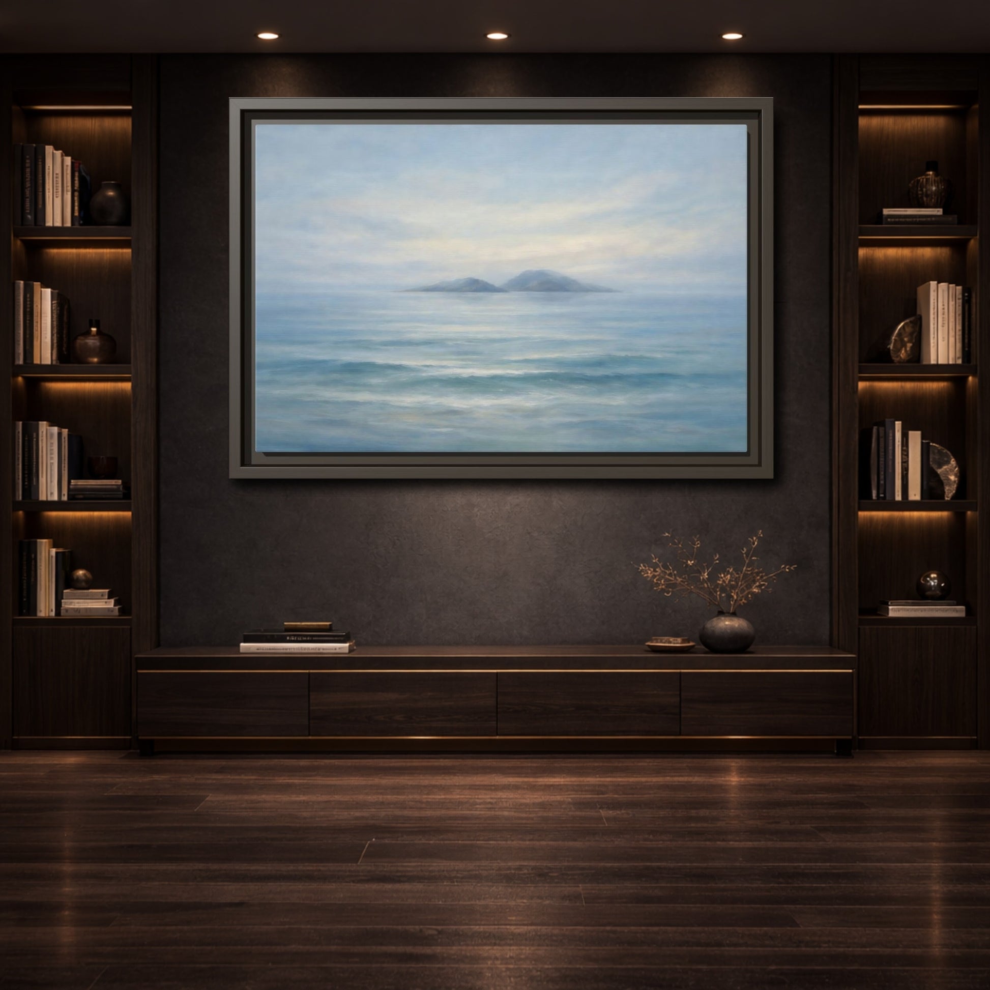 Mockup 3. Nature Ocean Islands Misty Ocean shown as stretched canvas wall art