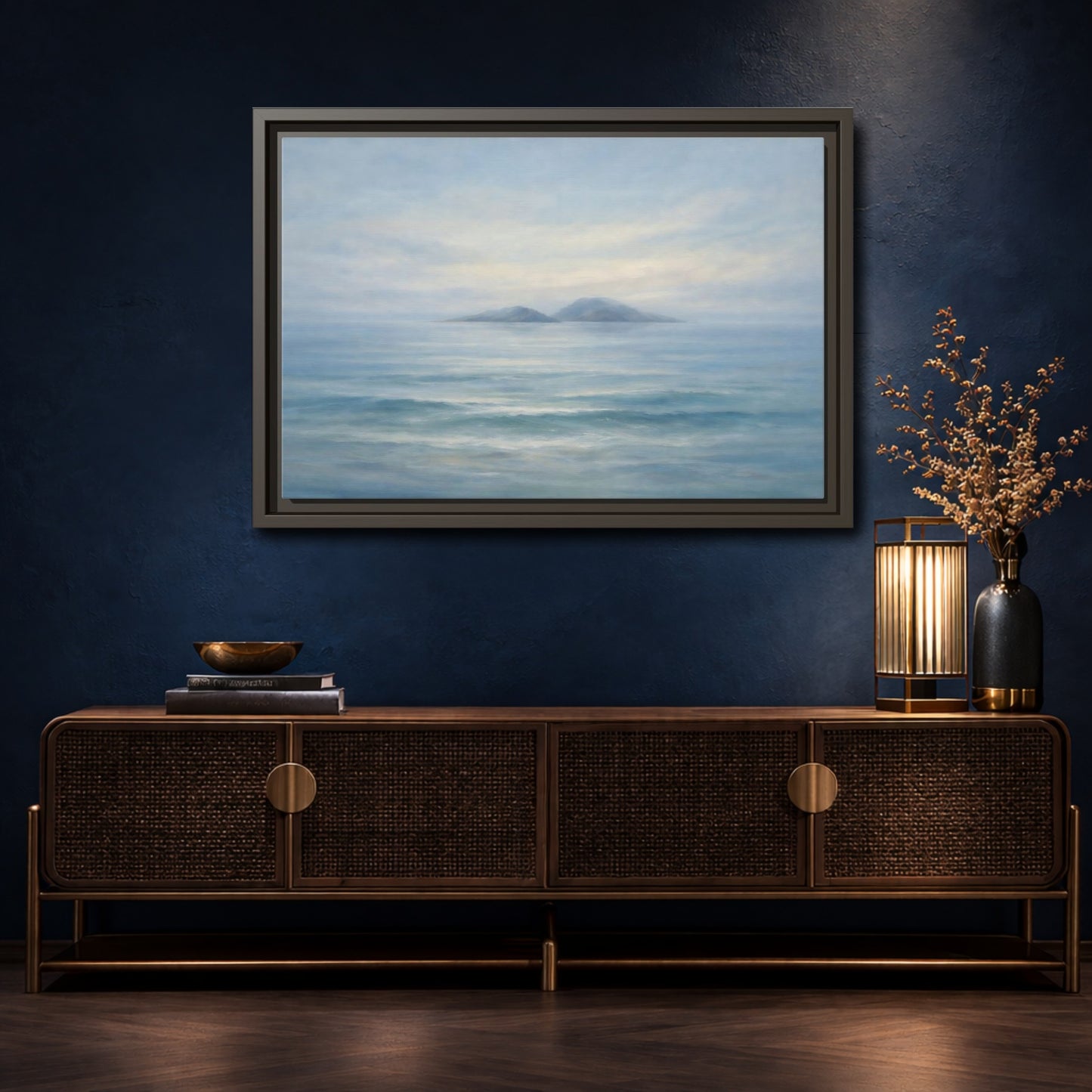 Mockup 4. Nature Ocean Islands Misty Ocean shown as stretched canvas wall art