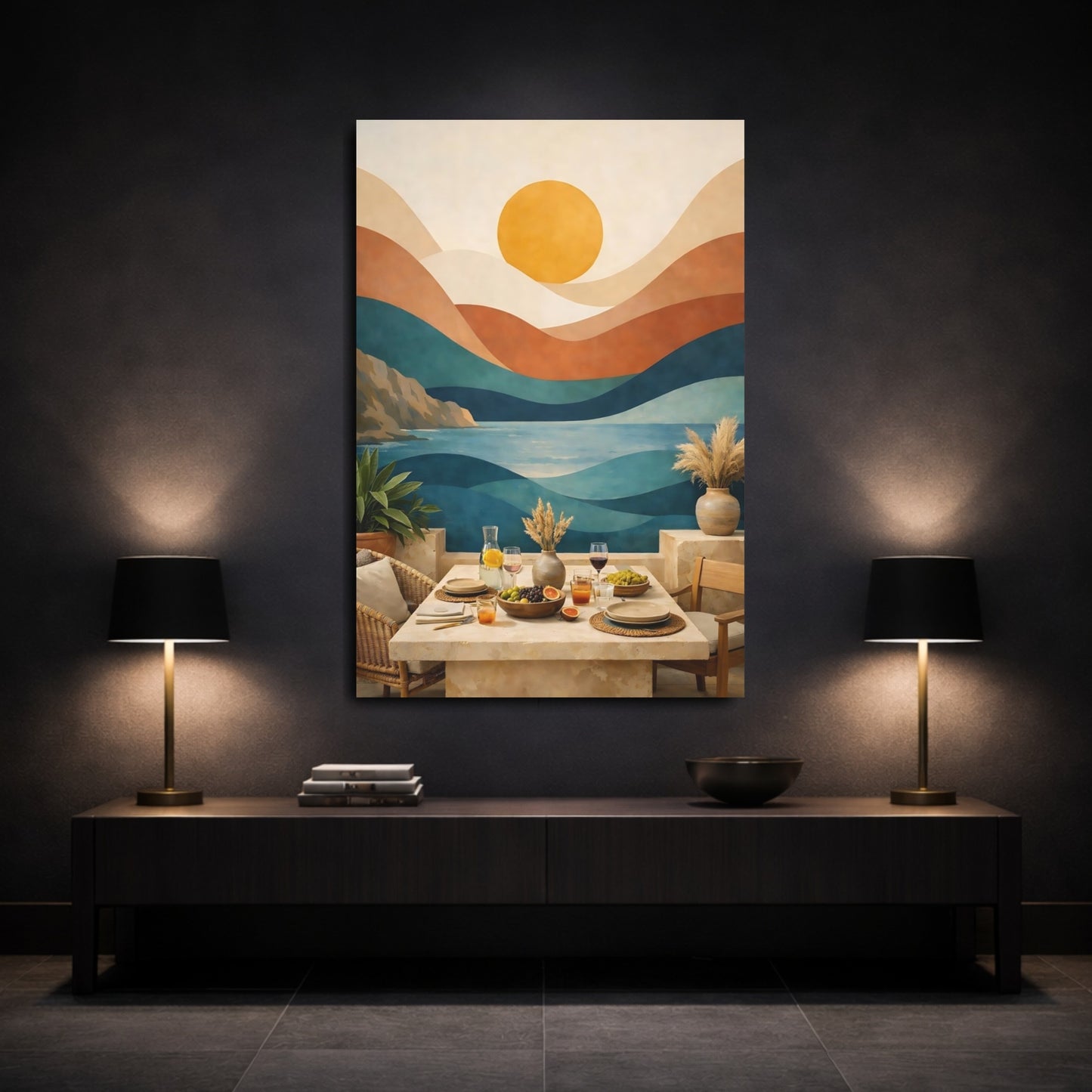 Mockup 2. Nature Ocean Landscape Abstract Ocean Sunset shown as stretched canvas wall art