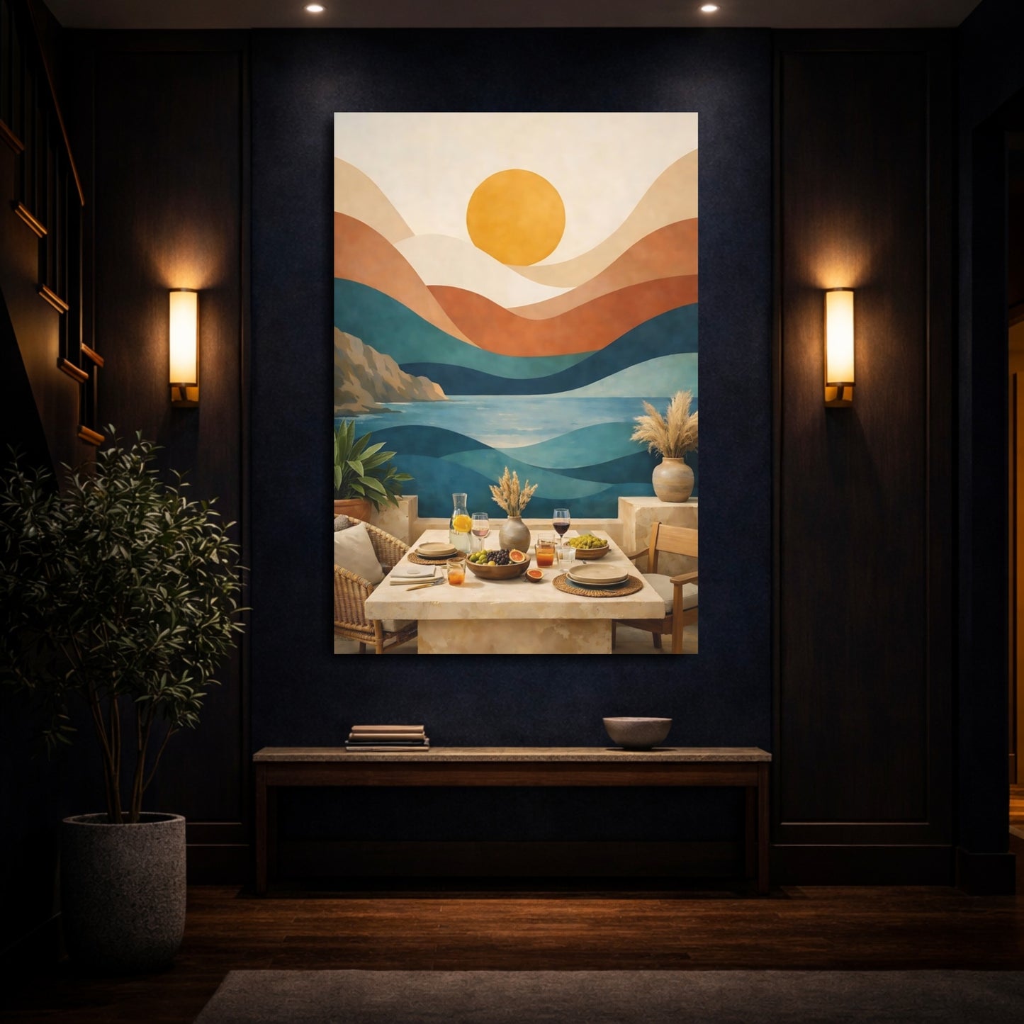 Mockup 3. Nature Ocean Landscape Abstract Ocean Sunset shown as stretched canvas wall art