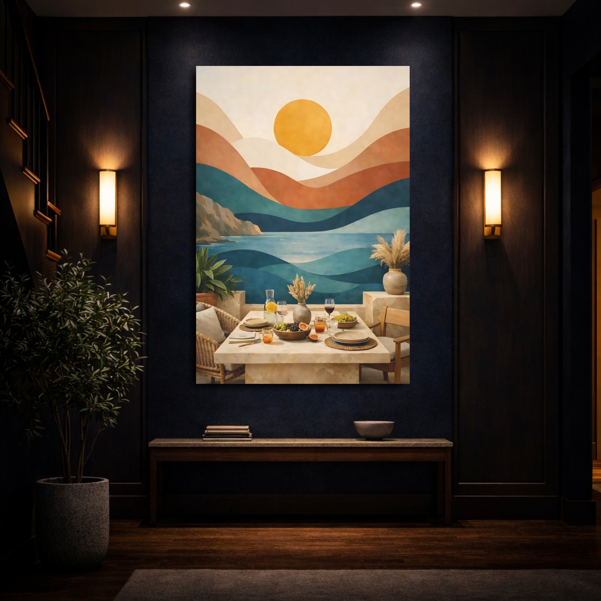 Mockup 3. Nature Ocean Landscape Abstract Ocean Sunset shown as stretched canvas wall art