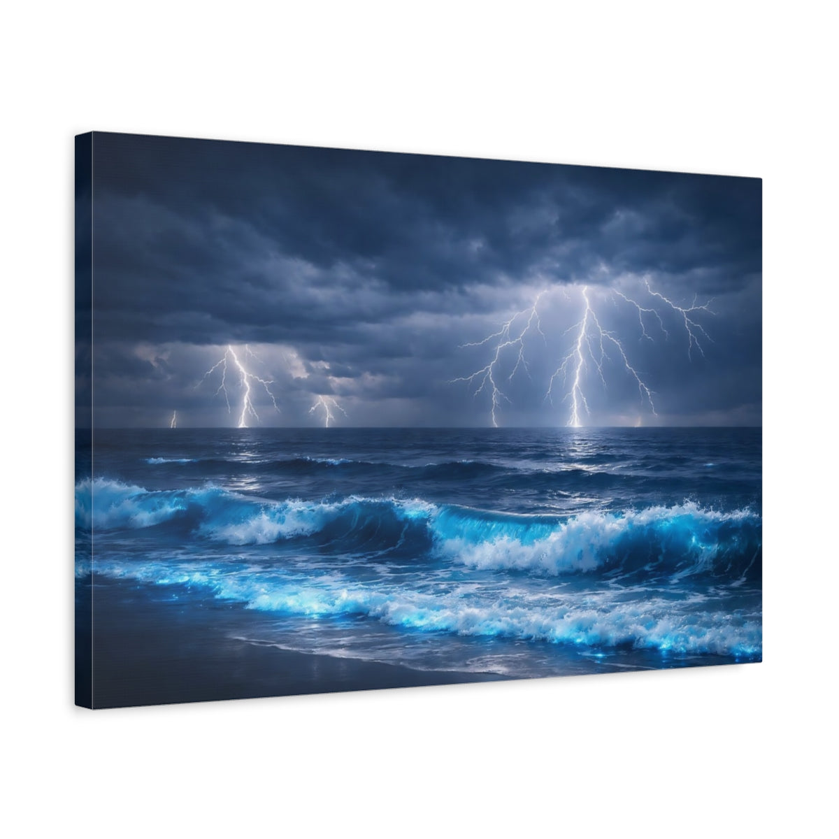 Side Mockup 3. Nature Ocean Lightning Blue Ocean Lightning shown as stretched canvas wall art