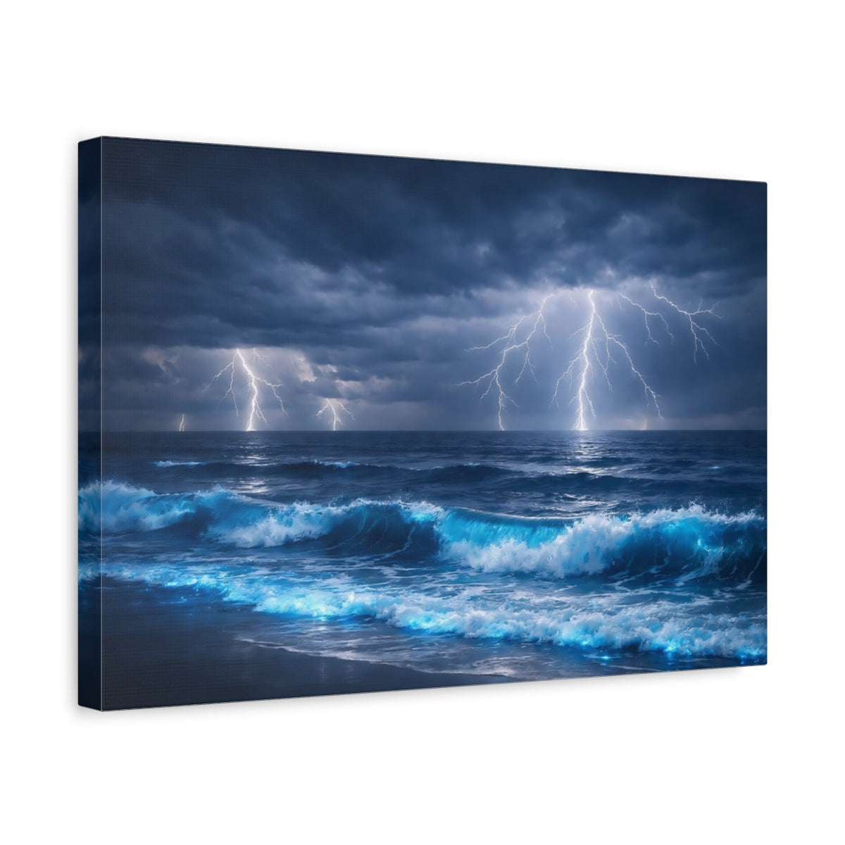 Side Mockup 4. Nature Ocean Lightning Blue Ocean Lightning shown as stretched canvas wall art