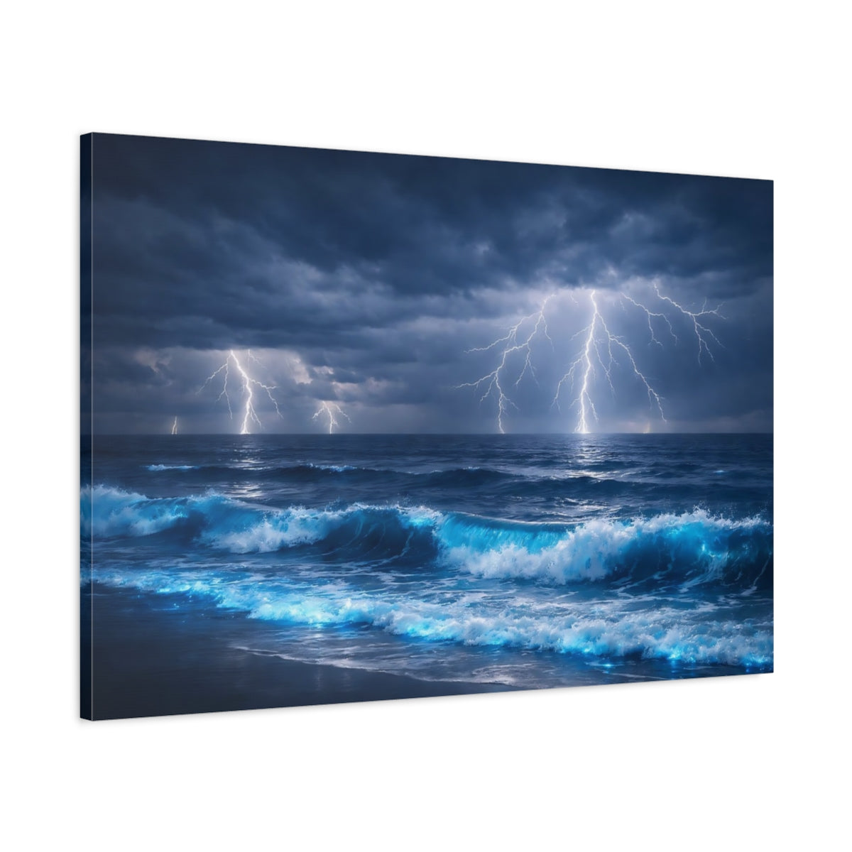 Main Mockup. Nature Ocean Lightning Blue Ocean Lightning shown as stretched canvas wall art