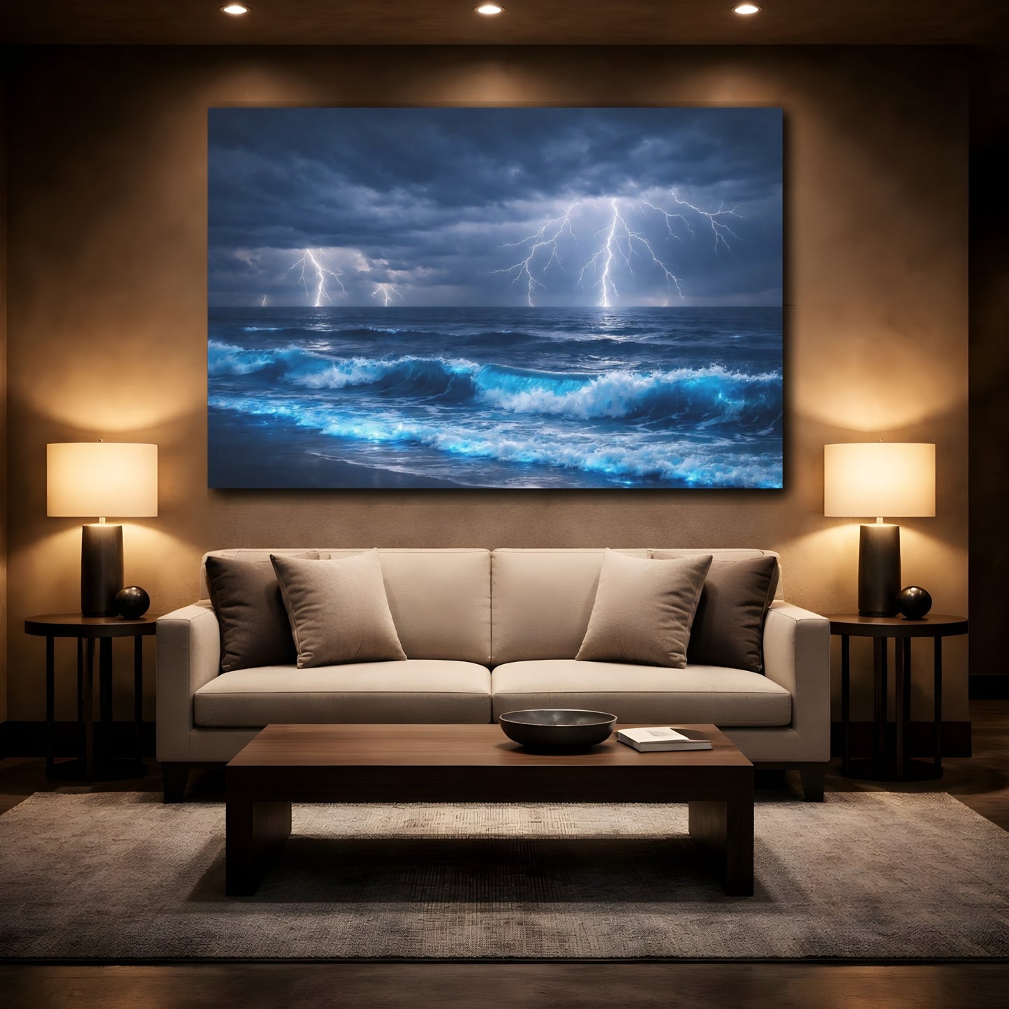 Mockup 2. Nature Ocean Lightning Blue Ocean Lightning shown as stretched canvas wall art