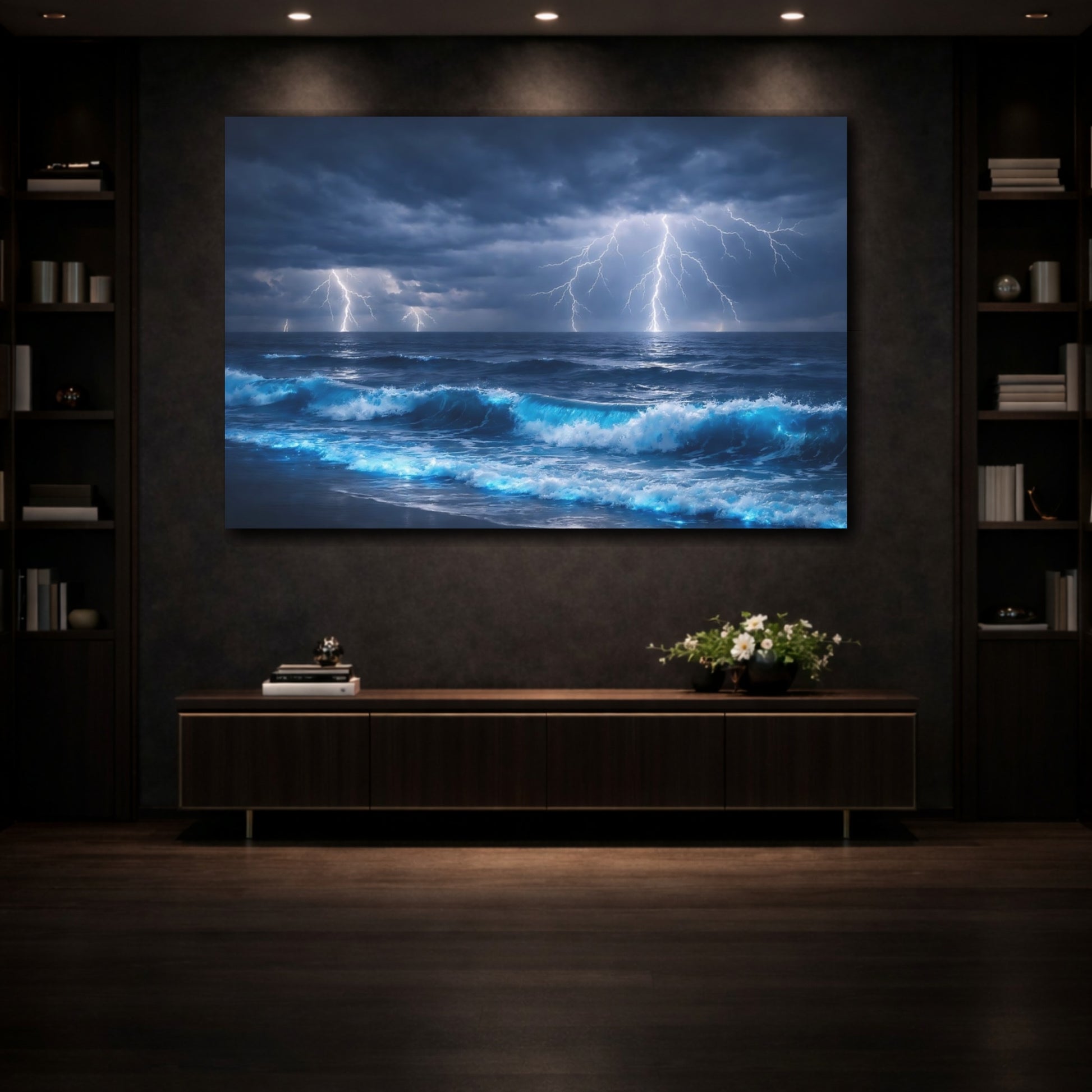 Mockup 3. Nature Ocean Lightning Blue Ocean Lightning shown as stretched canvas wall art