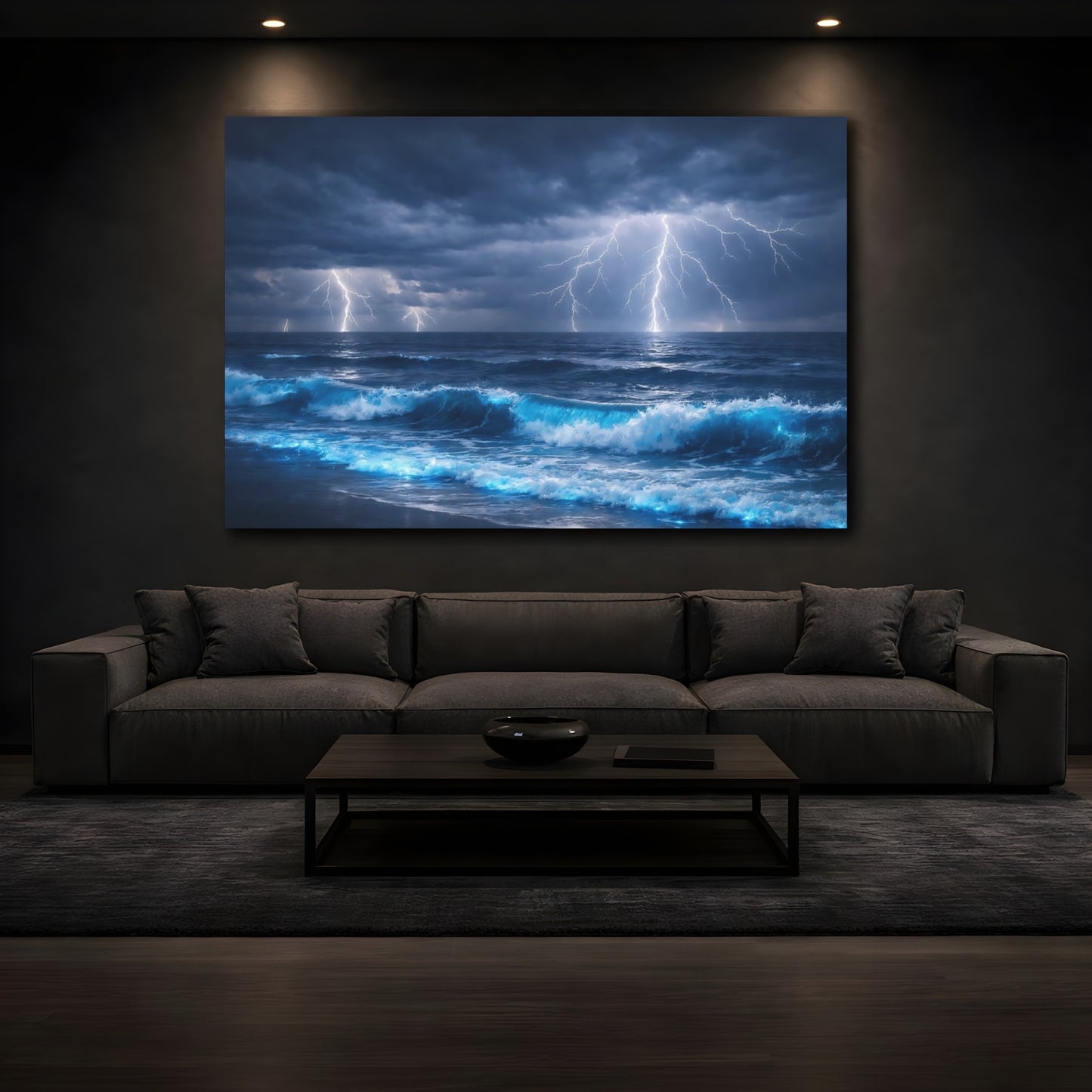 Mockup 4. Nature Ocean Lightning Blue Ocean Lightning shown as stretched canvas wall art