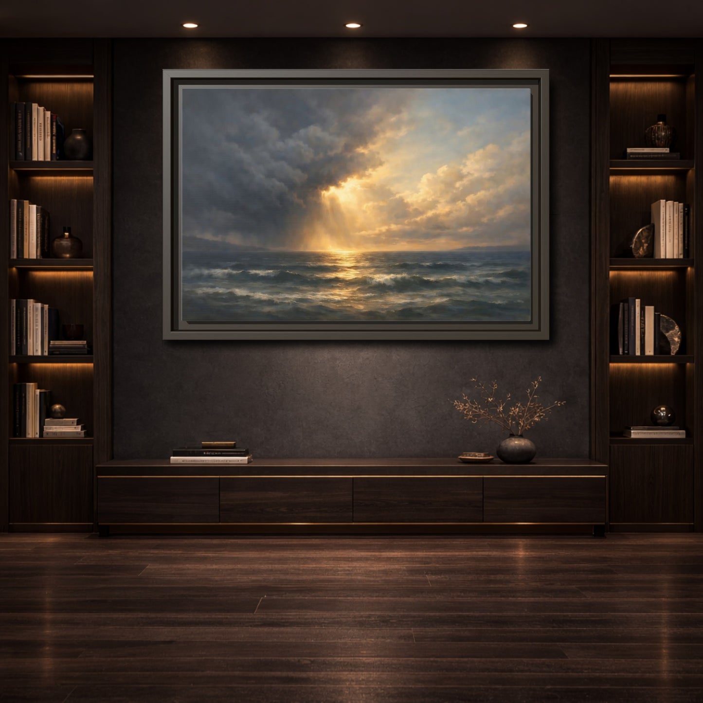 Mockup 3. Nature Ocean Ocean Sunset shown as stretched canvas wall art