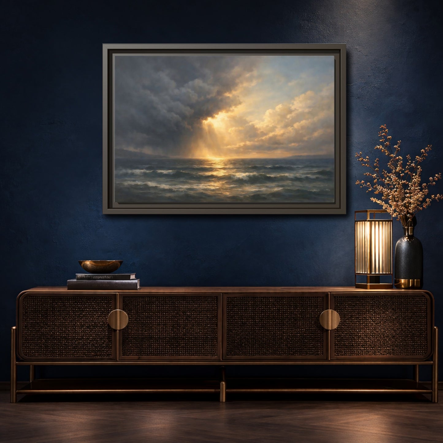 Mockup 4. Nature Ocean Ocean Sunset shown as stretched canvas wall art