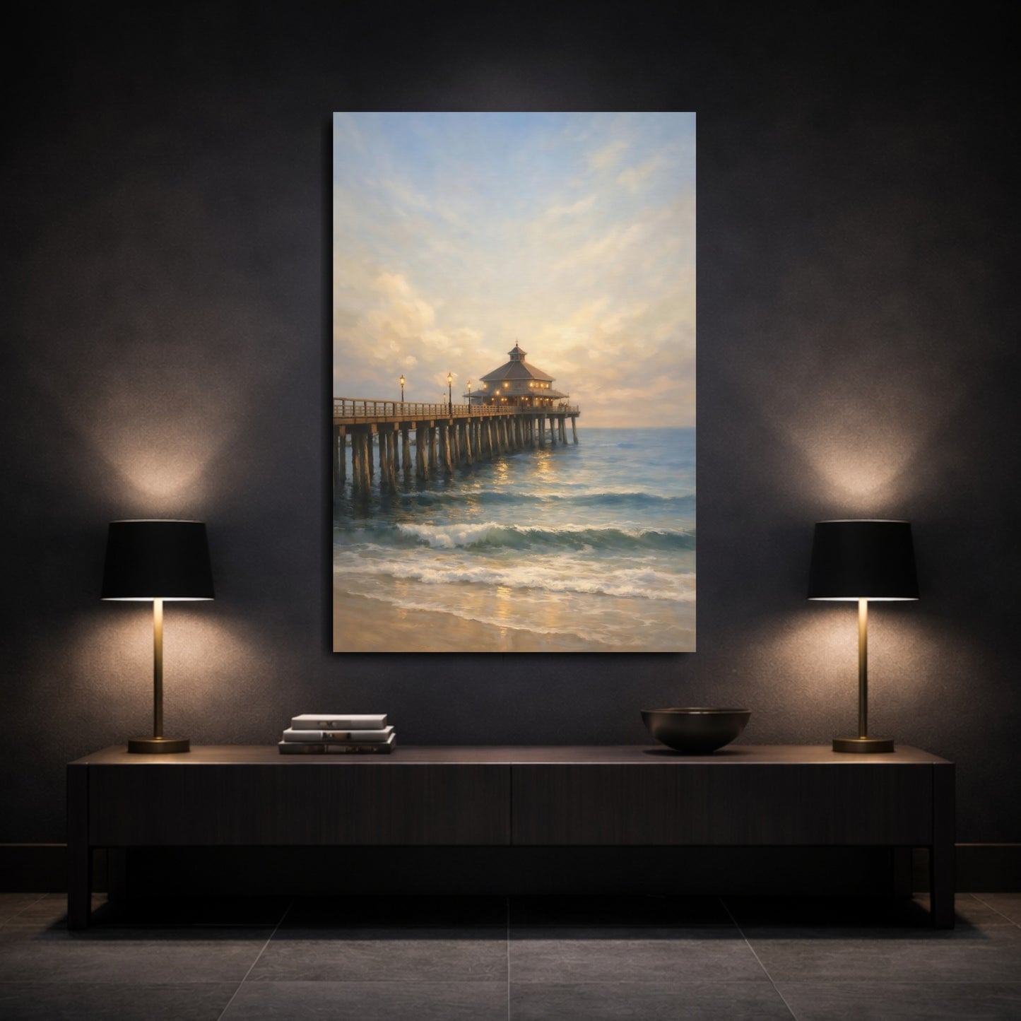 Mockup 2. Nature Ocean Pier Coastal Landscape shown as stretched canvas wall art