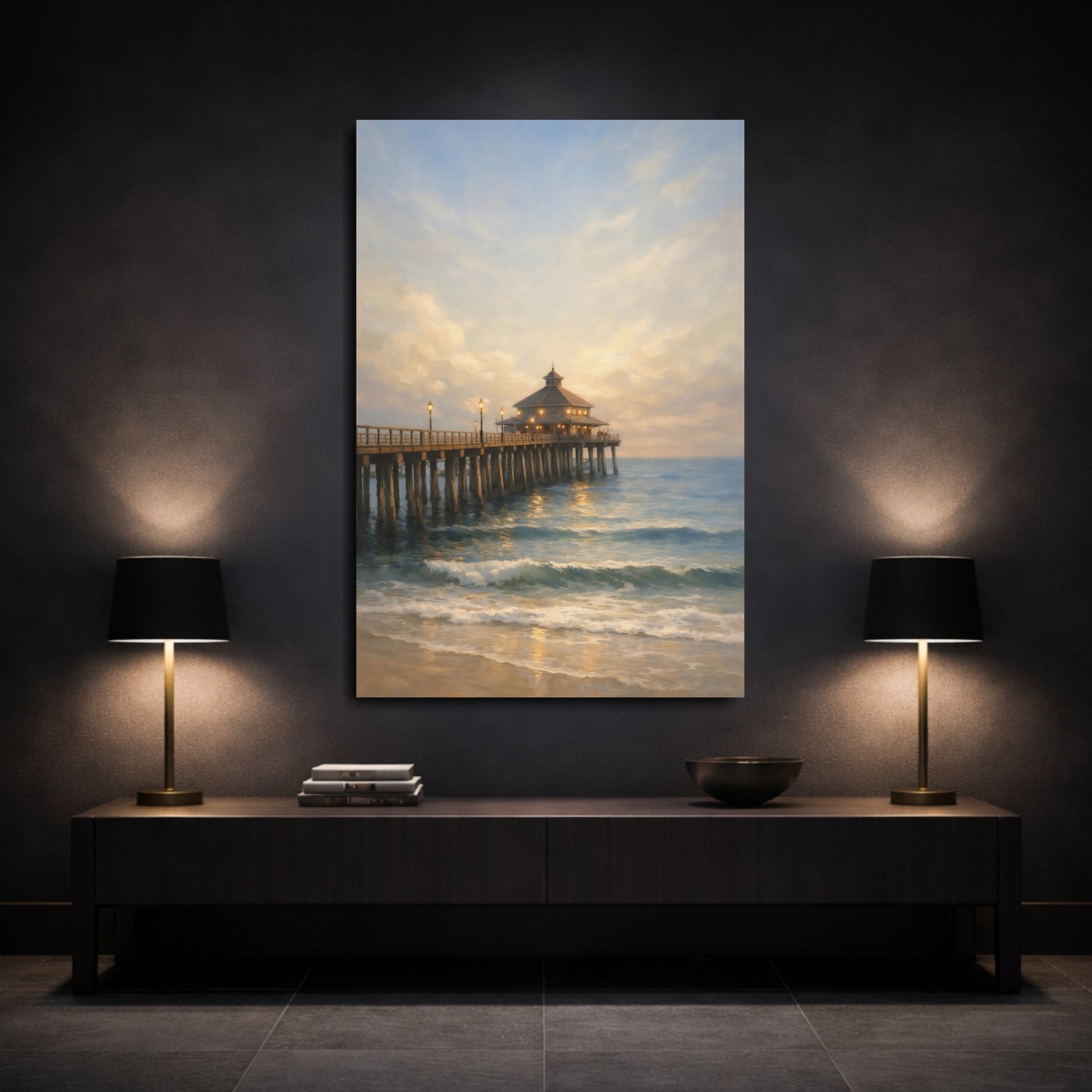 Mockup 2. Nature Ocean Pier Coastal Landscape shown as stretched canvas wall art