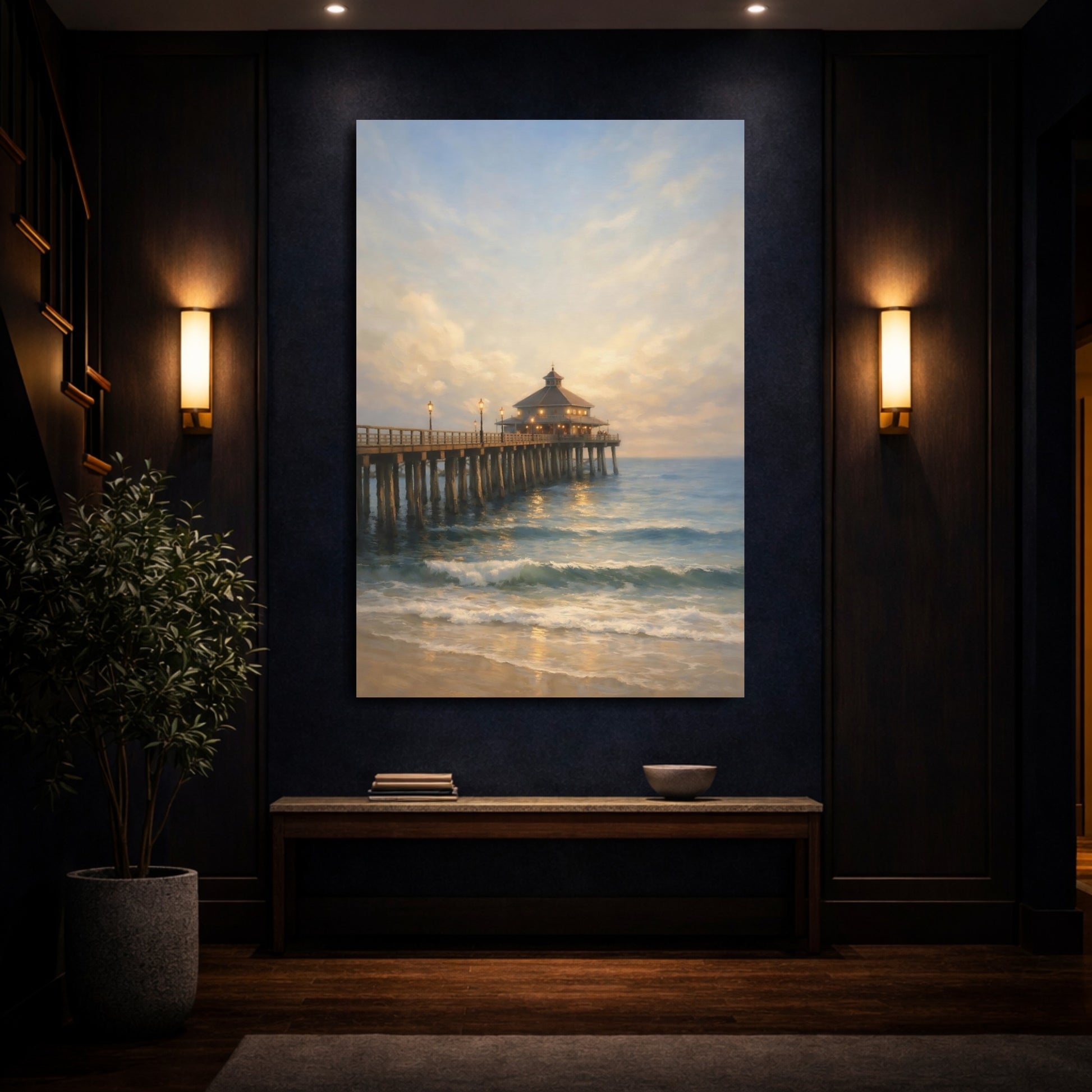 Mockup 3. Nature Ocean Pier Coastal Landscape shown as stretched canvas wall art