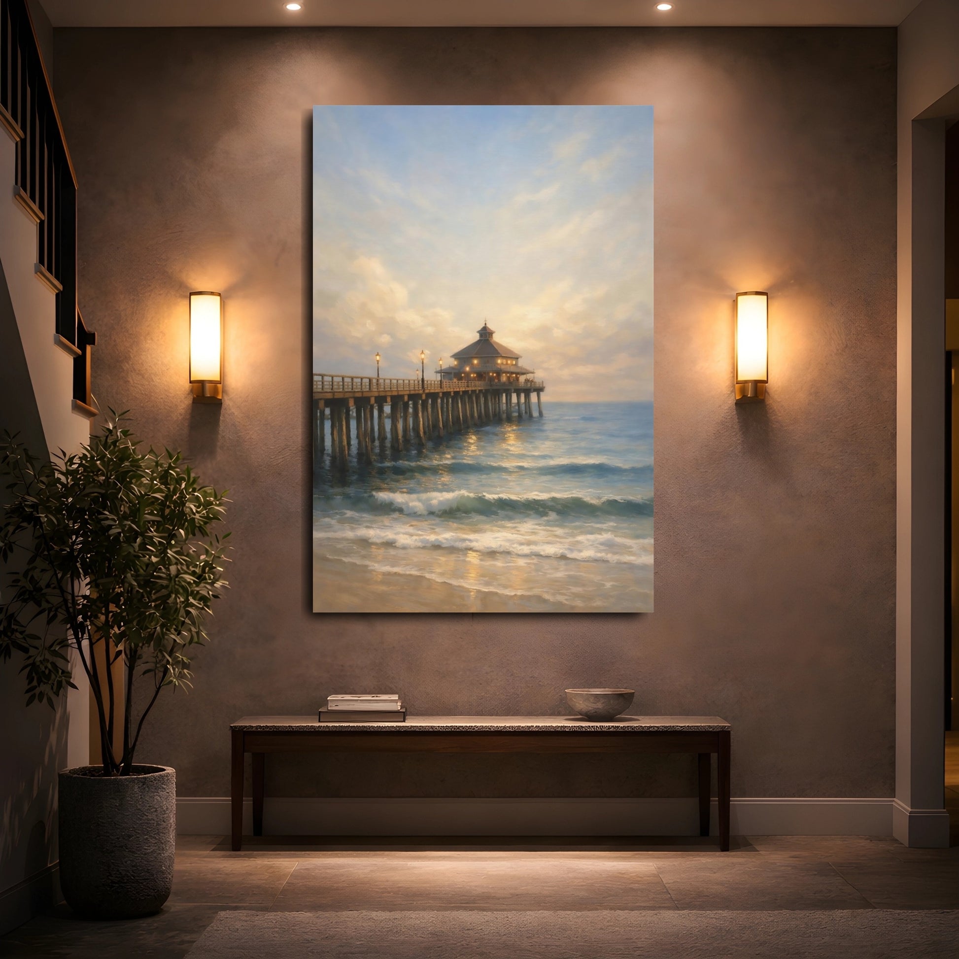 Mockup 4. Nature Ocean Pier Coastal Landscape shown as stretched canvas wall art