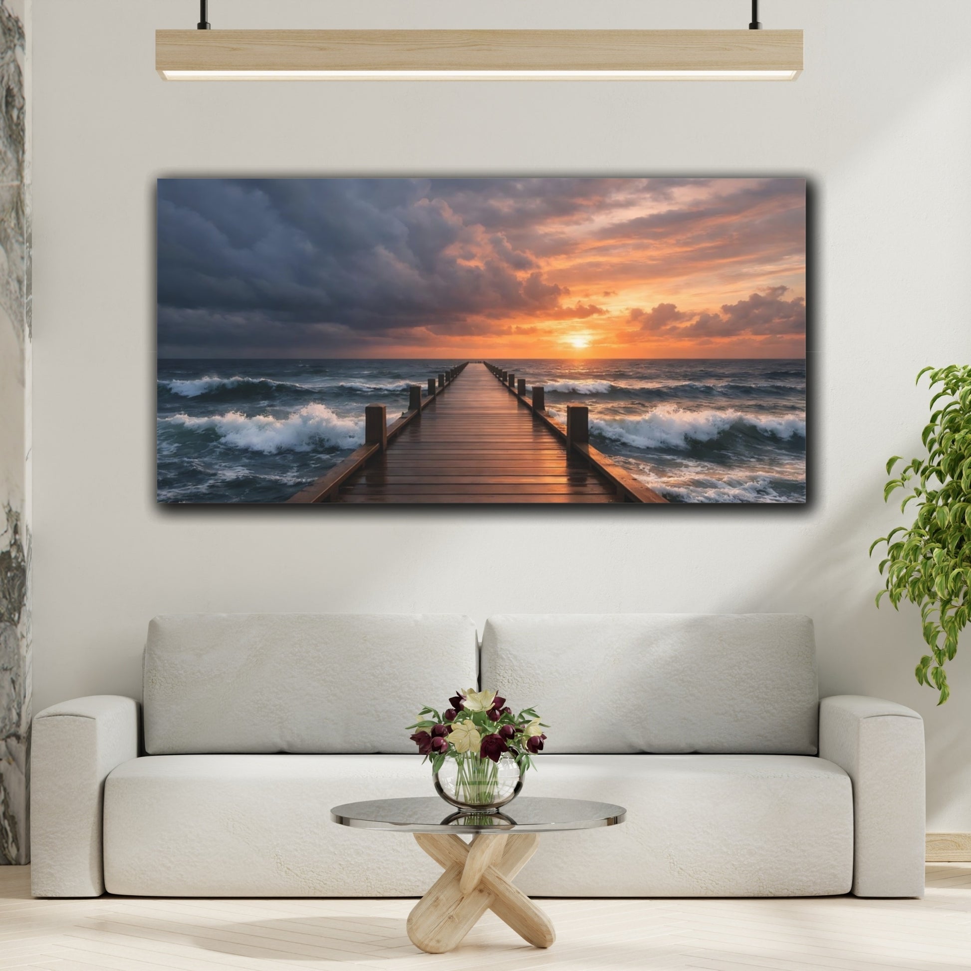 Mockup 3. Nature Ocean Pier Ocean Pier Sunset shown as stretched canvas wall art