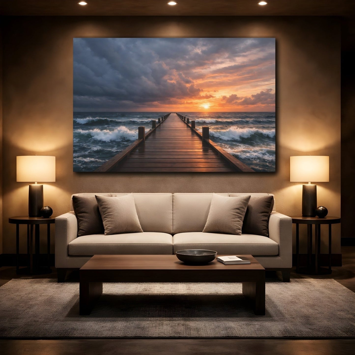 Nature Ocean Pier Orange And Blue - Canvas Wall Art Print - YesArtYes