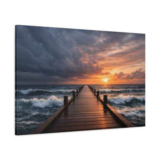 Nature Ocean Pier Orange And Blue - Canvas Wall Art Print - YesArtYes