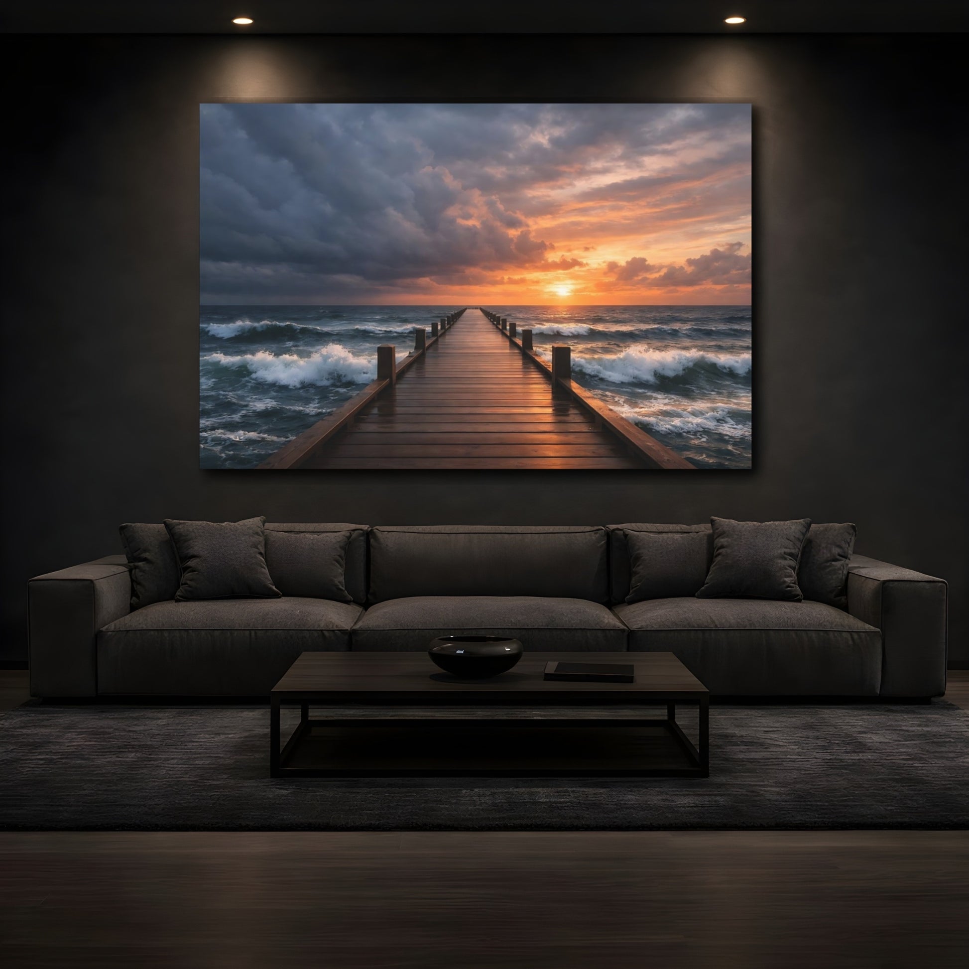 Mockup 2. Nature Ocean Pier Orange And Blue shown as stretched canvas wall art