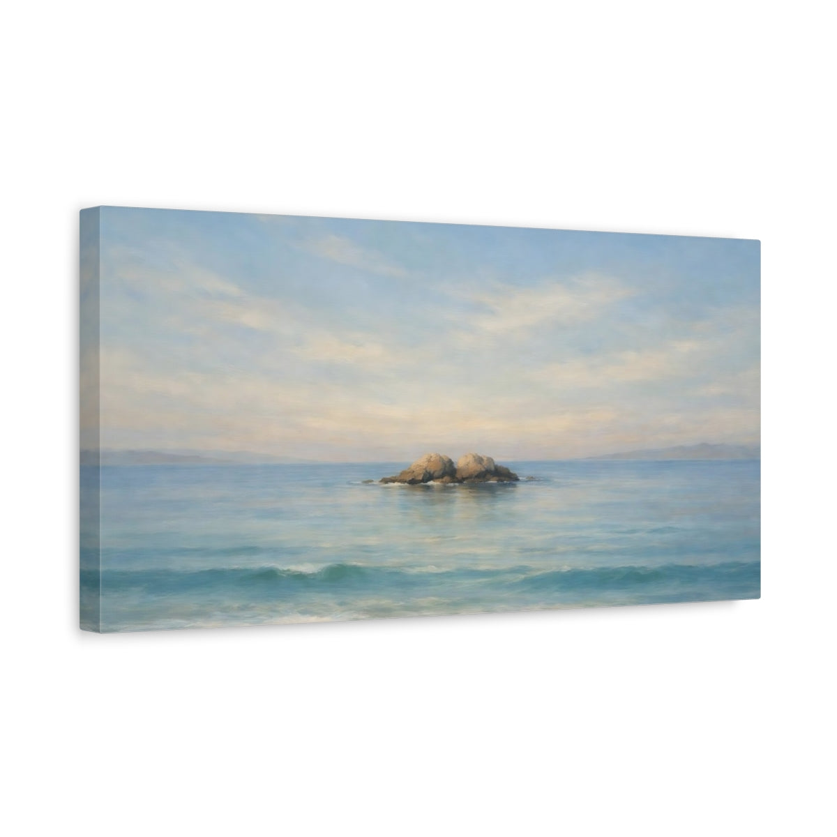Side Mockup 3. Nature Ocean Rocks Blue Seascape shown as stretched canvas wall art