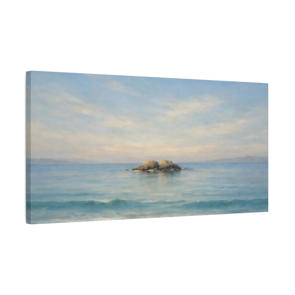 Side Mockup 2. Nature Ocean Rocks Blue Seascape shown as stretched canvas wall art