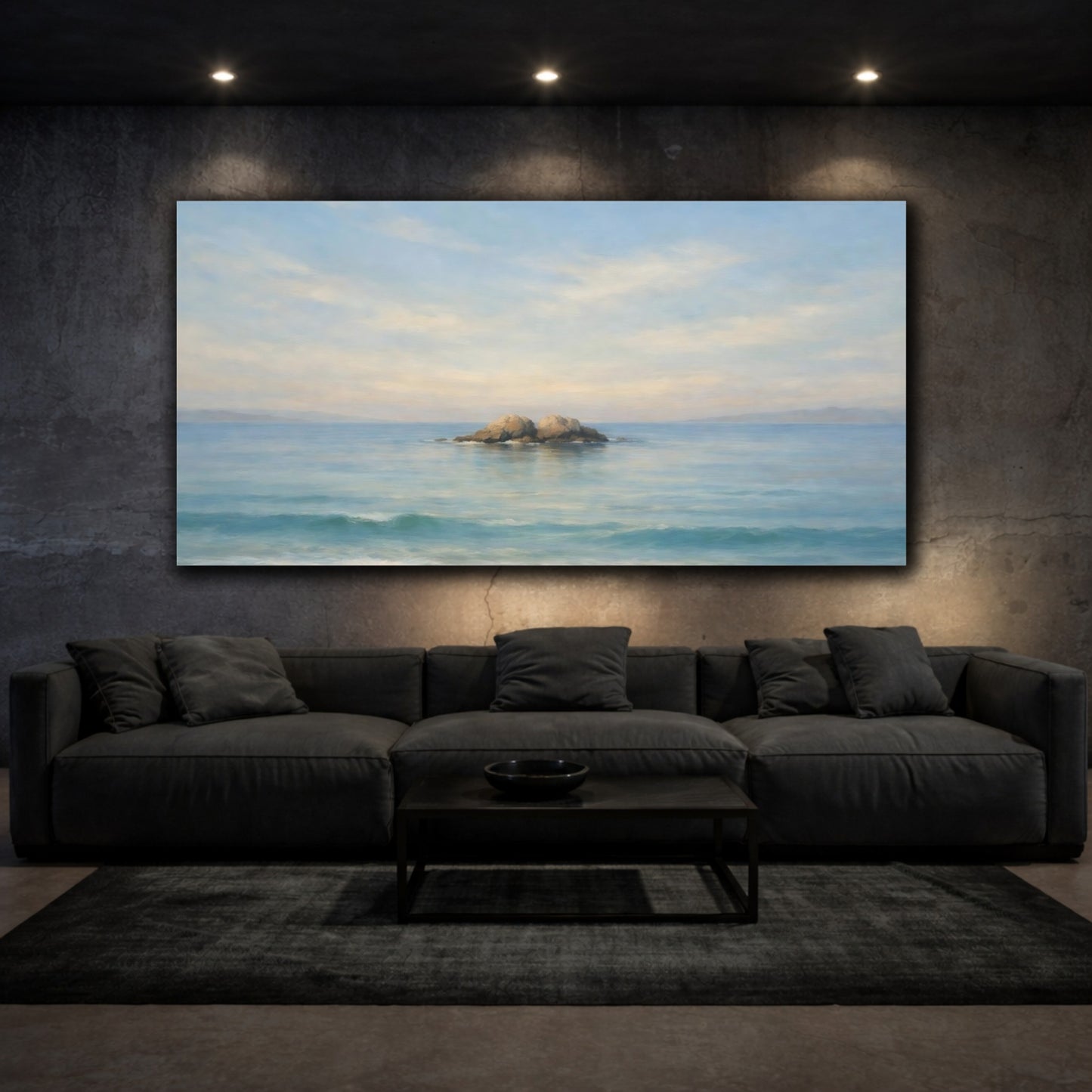Mockup 2. Nature Ocean Rocks Blue Seascape shown as stretched canvas wall art