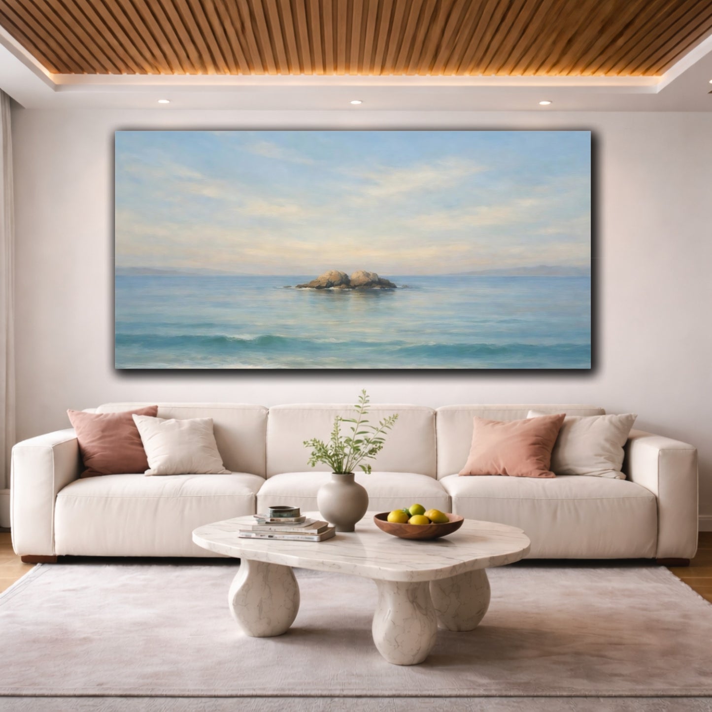 Mockup 3. Nature Ocean Rocks Blue Seascape shown as stretched canvas wall art