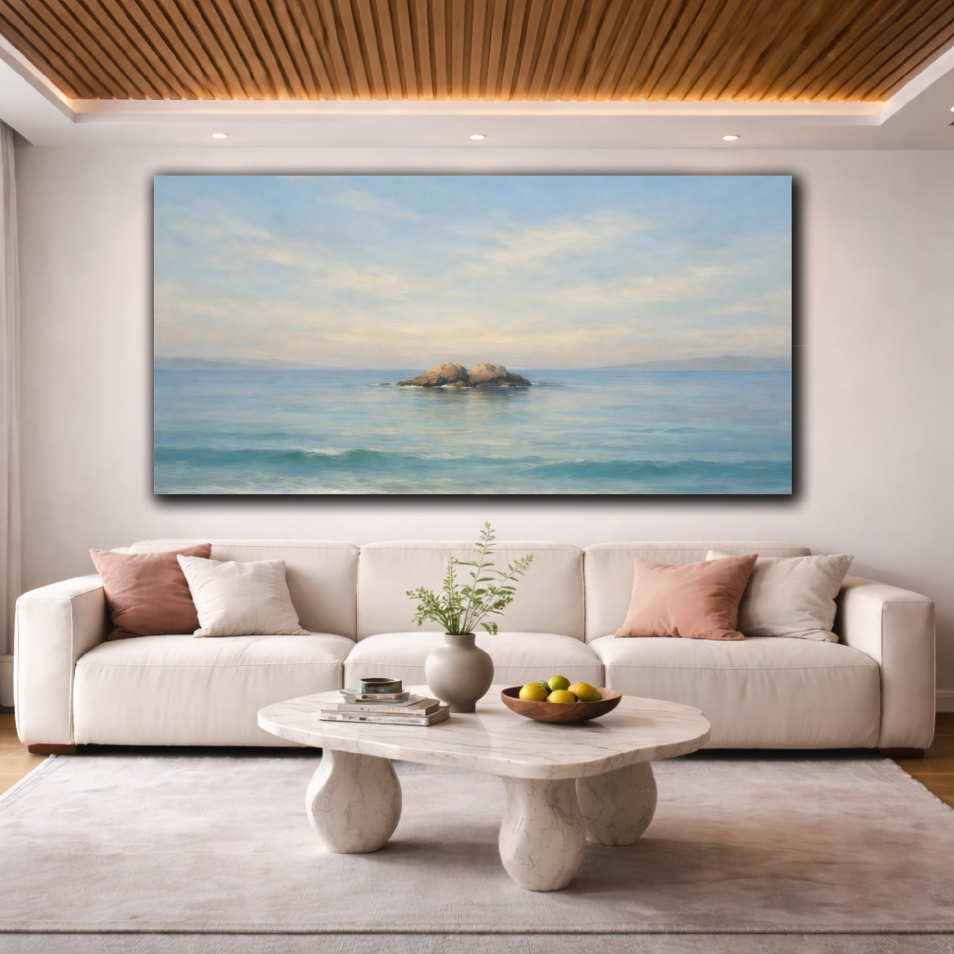 Mockup 3. Nature Ocean Rocks Blue Seascape shown as stretched canvas wall art