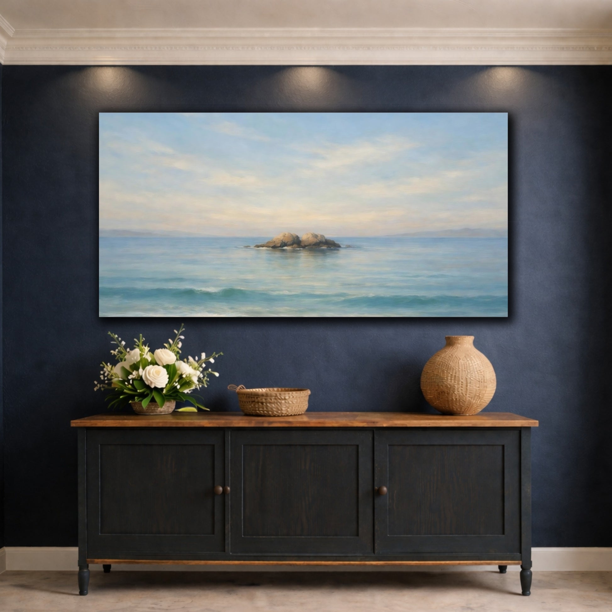 Mockup 4. Nature Ocean Rocks Blue Seascape shown as stretched canvas wall art