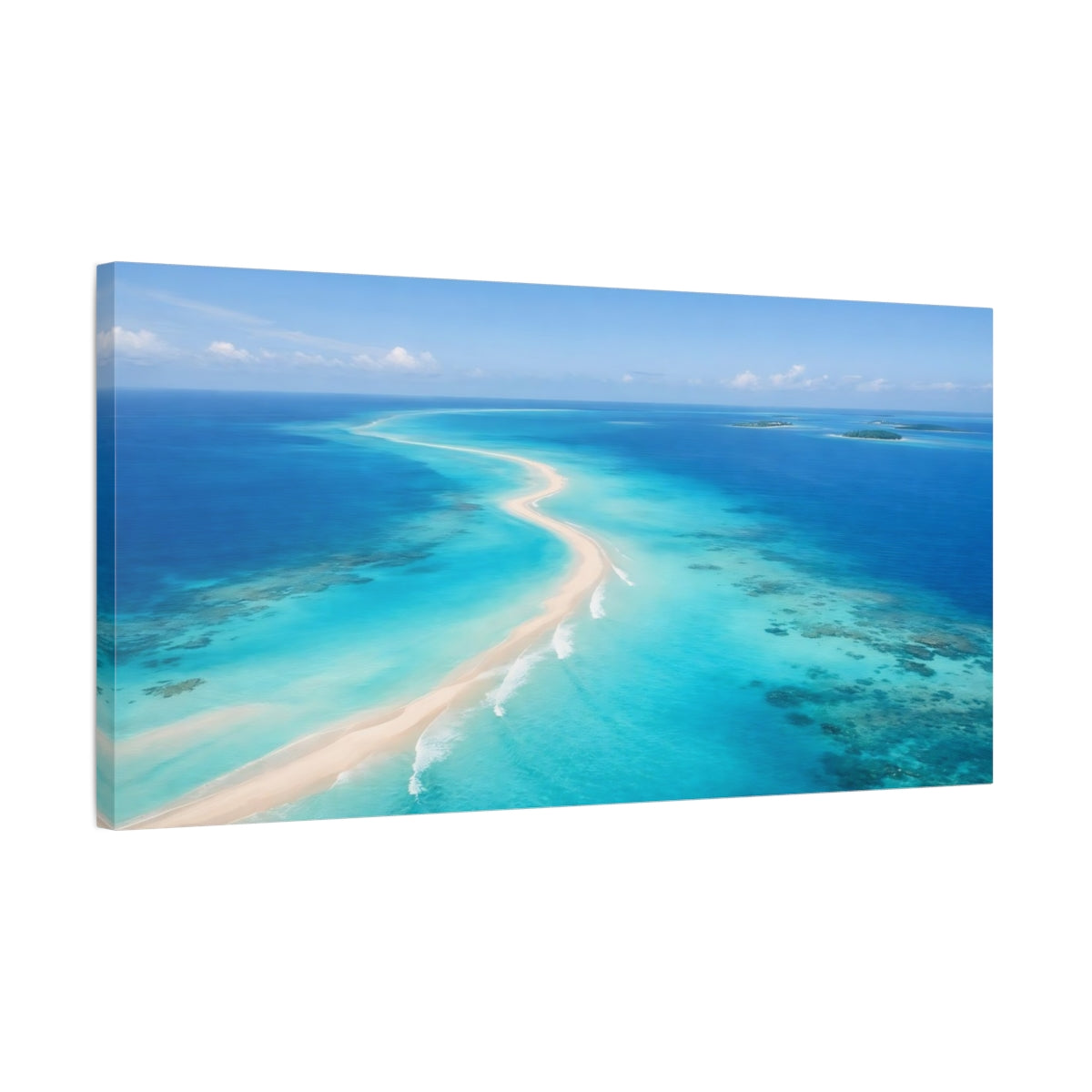 Side Mockup 2. Nature Ocean Sandbar Tropical Ocean Blue shown as stretched canvas wall art