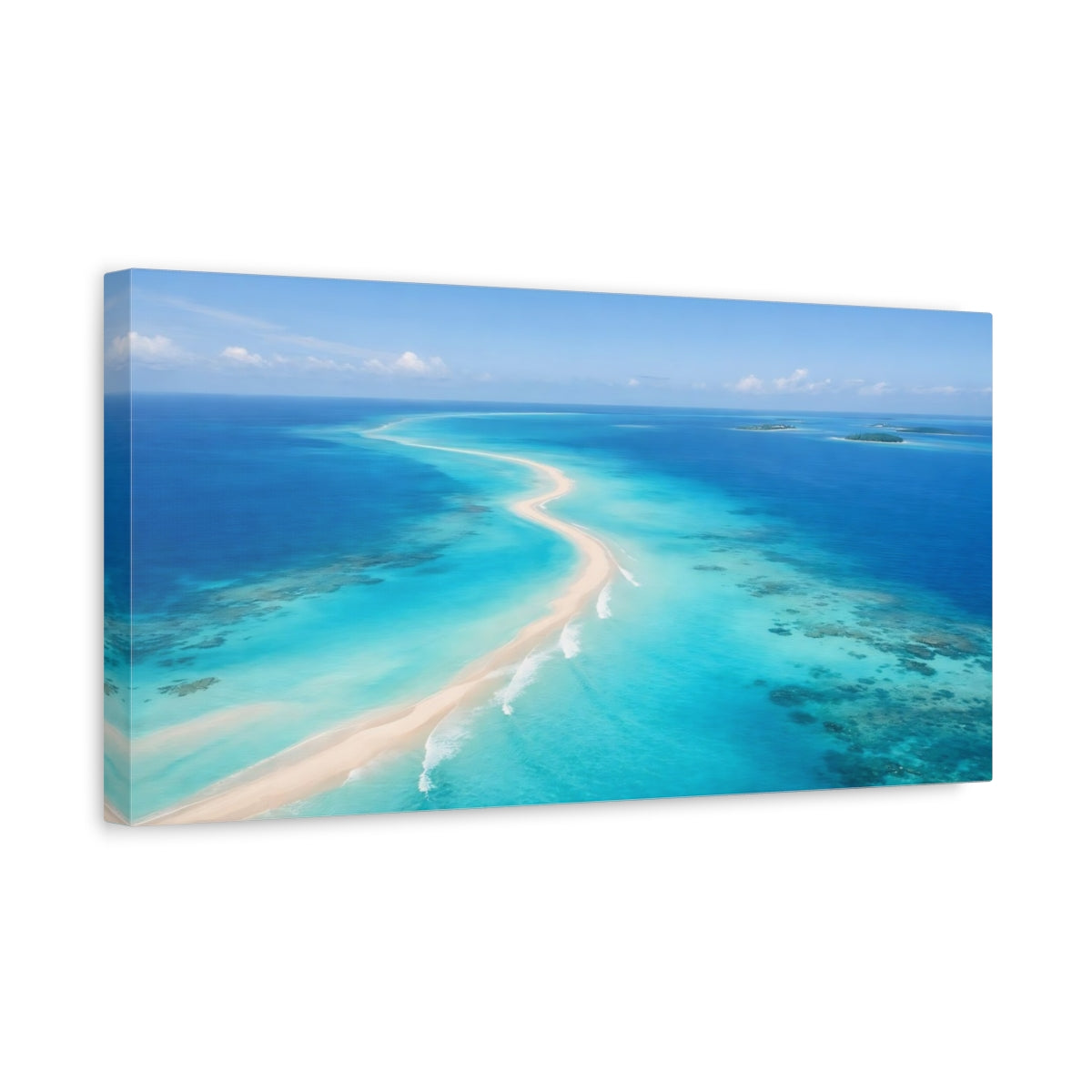Side Mockup 3. Nature Ocean Sandbar Tropical Ocean Blue shown as stretched canvas wall art