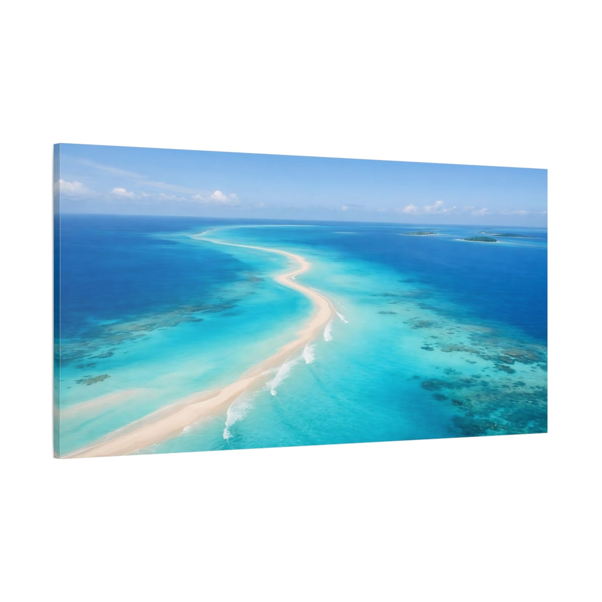 Main Mockup. Nature Ocean Sandbar Tropical Ocean Blue shown as stretched canvas wall art