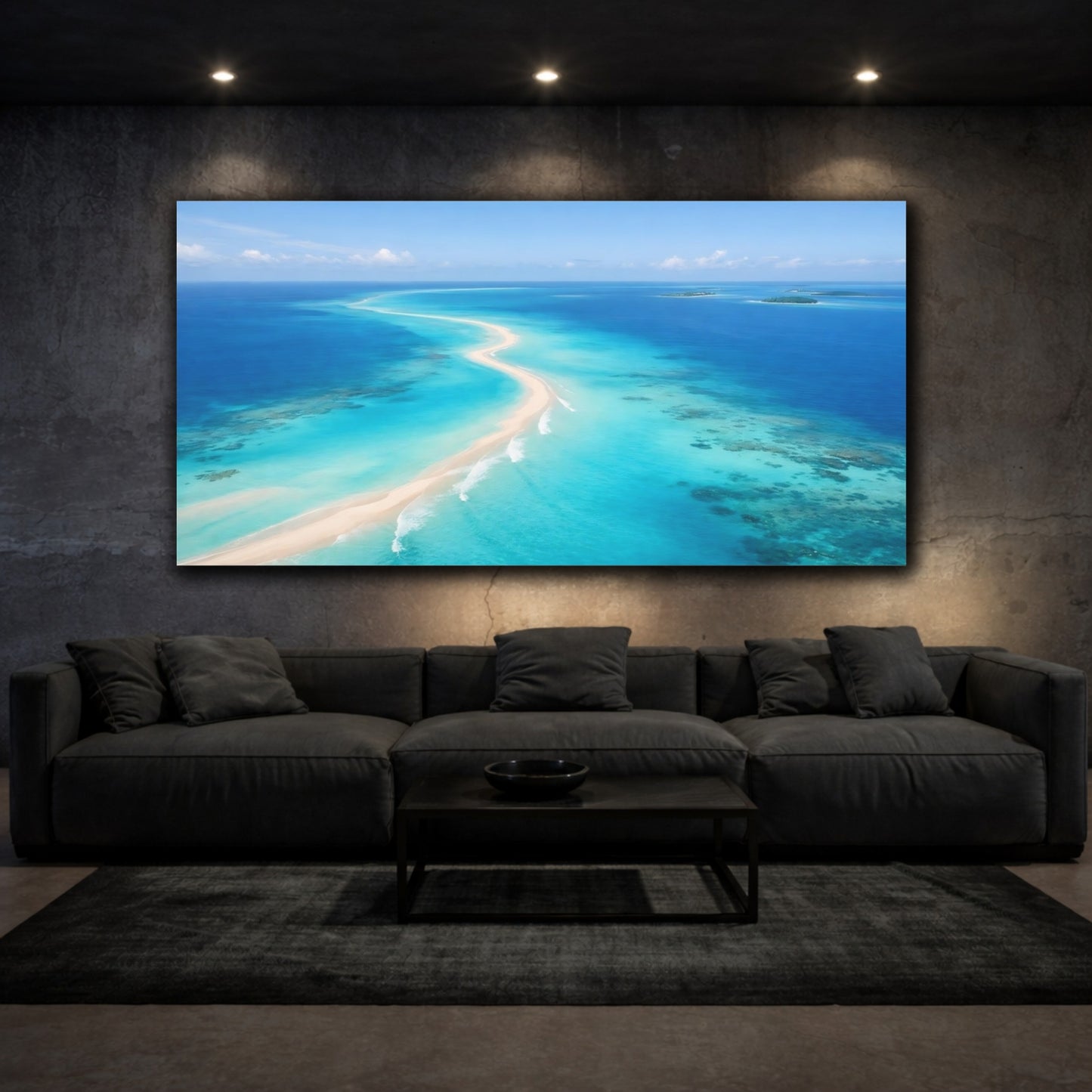 Mockup 2. Nature Ocean Sandbar Tropical Ocean Blue shown as stretched canvas wall art