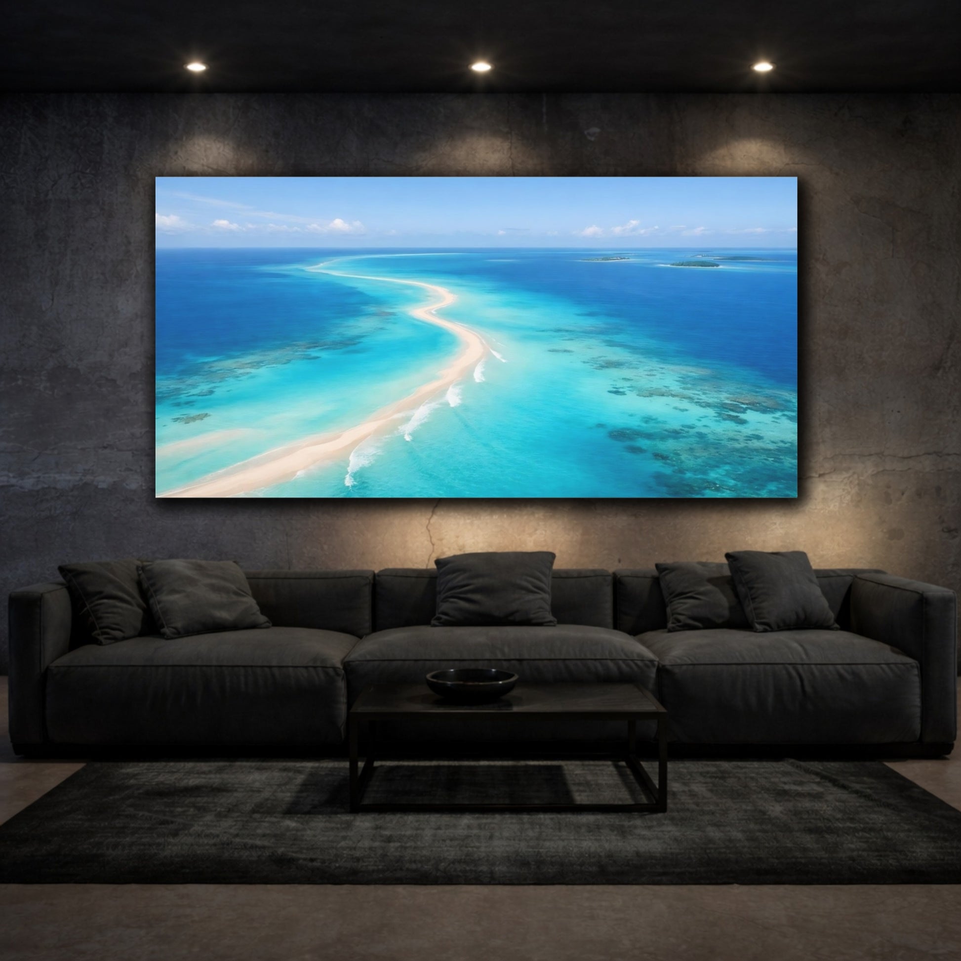 Mockup 2. Nature Ocean Sandbar Tropical Ocean Blue shown as stretched canvas wall art
