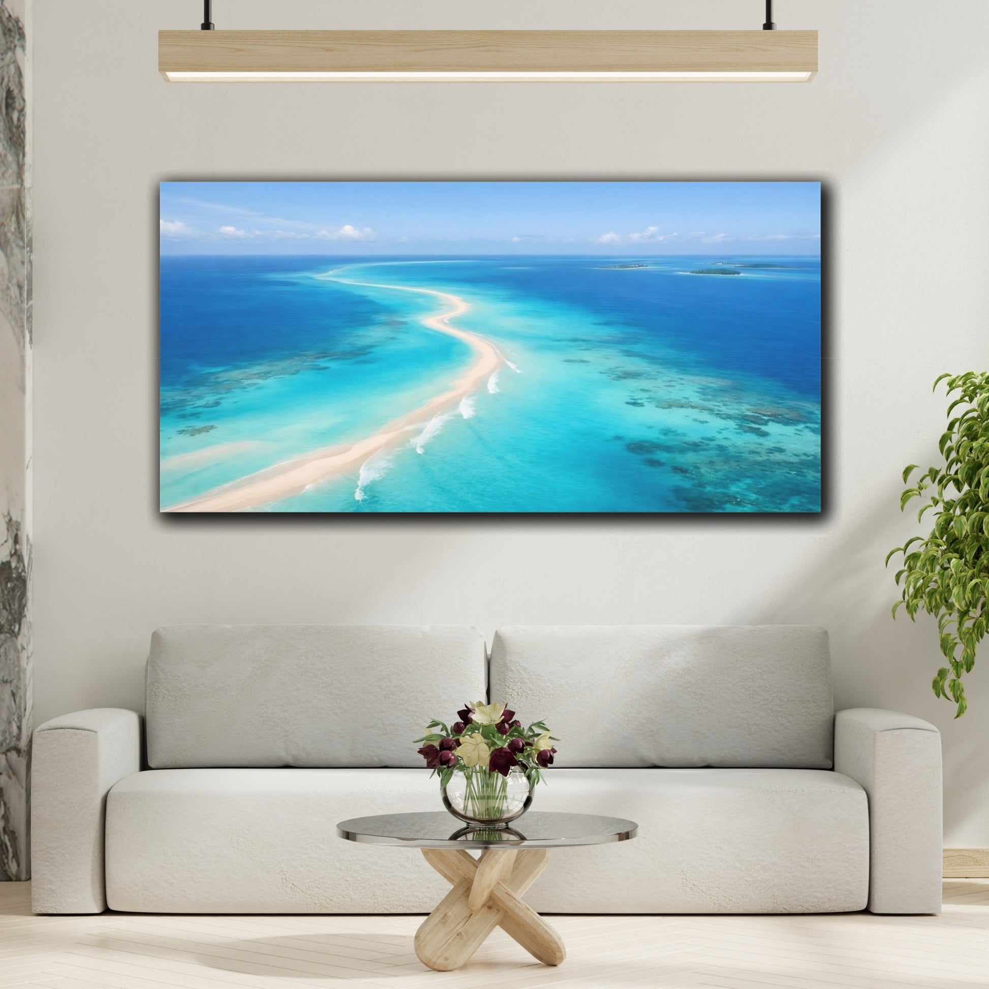 Mockup 3. Nature Ocean Sandbar Tropical Ocean Blue shown as stretched canvas wall art